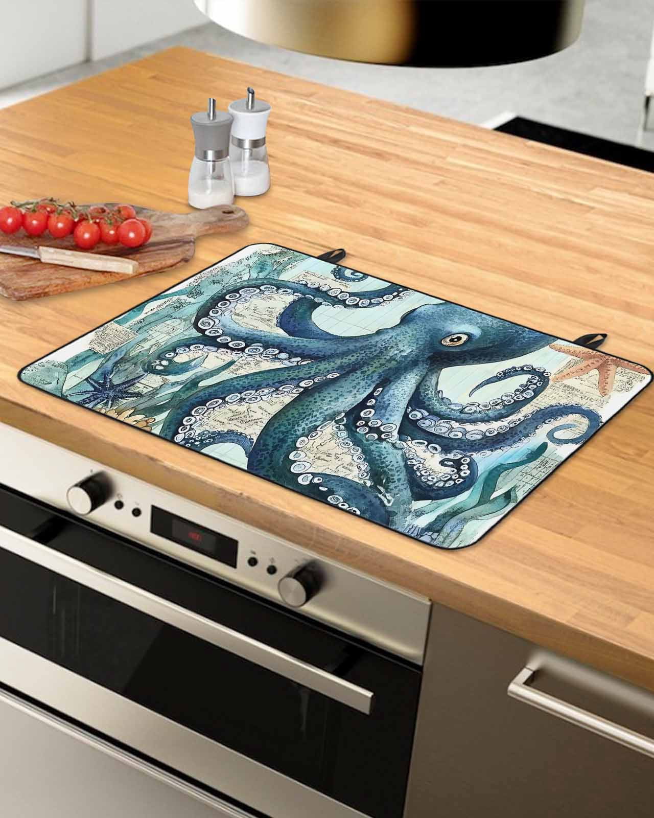 nqOlkjepod Large Induction Cooktop Protector Mat 24"x21", Ocean Octopus Stove Top Covers for Electric Stove, Nautical Coastal Vintage Starfish Coral Stove Burner Cover Mats, Glass Top Stove Cover