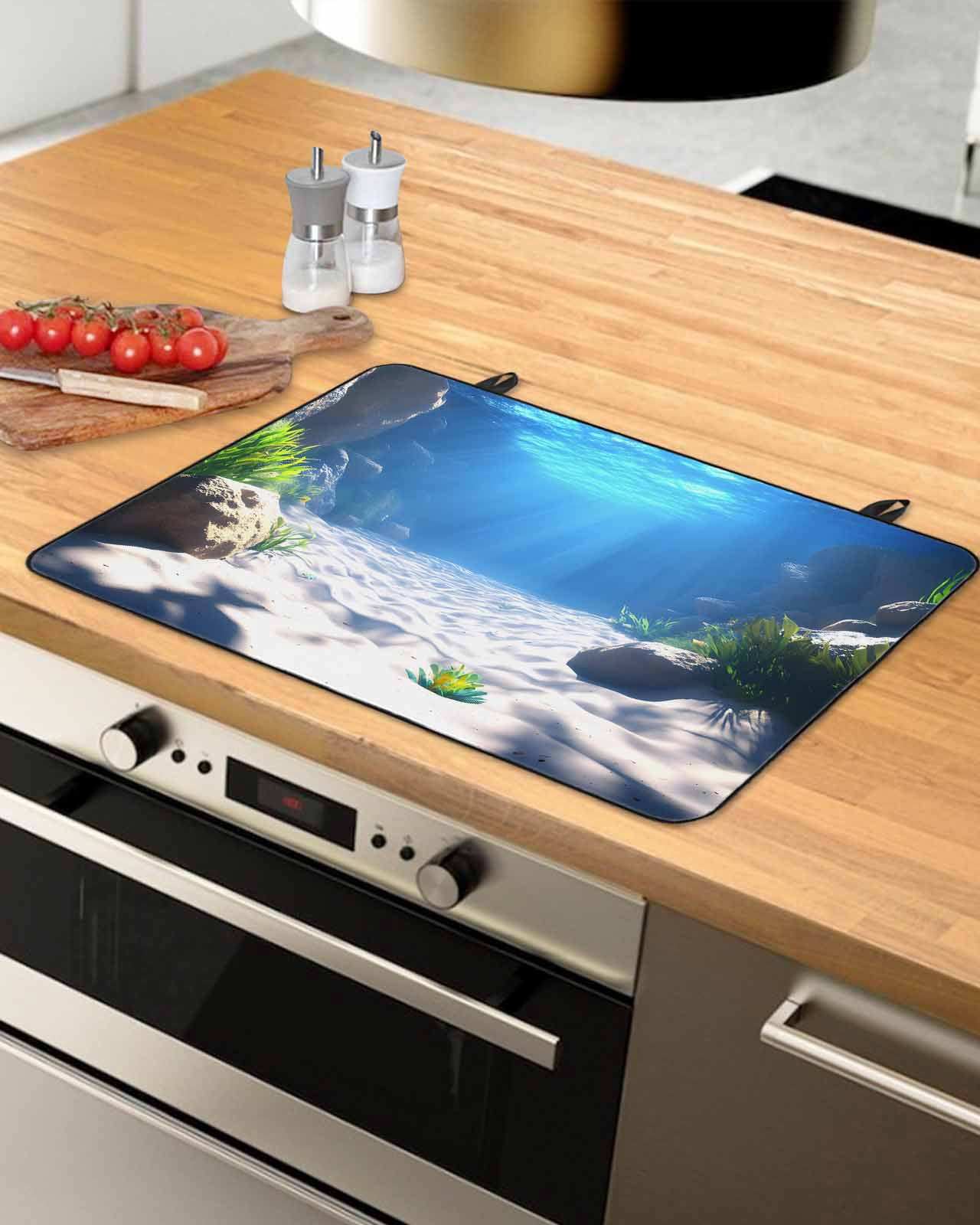 nqOlkjepod Large Induction Cooktop Protector Mat 24"x21", Ocean Summer Stove Top Covers for Electric Stove, Underwater Sunlight Rock Beach Sand Stove Burner Cover Mats, Glass Top Stove Cover