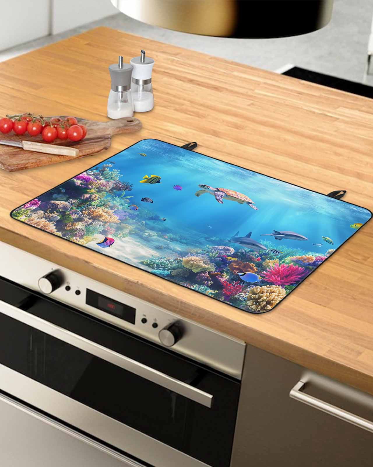 nqOlkjepod Large Induction Cooktop Protector Mat 24"x21", Ocean Turtle Stove Top Covers for Electric Stove, Blue Beach Summer Dolphin Whale Coral Fish Stove Burner Cover Mats, Glass Top Stove Cover