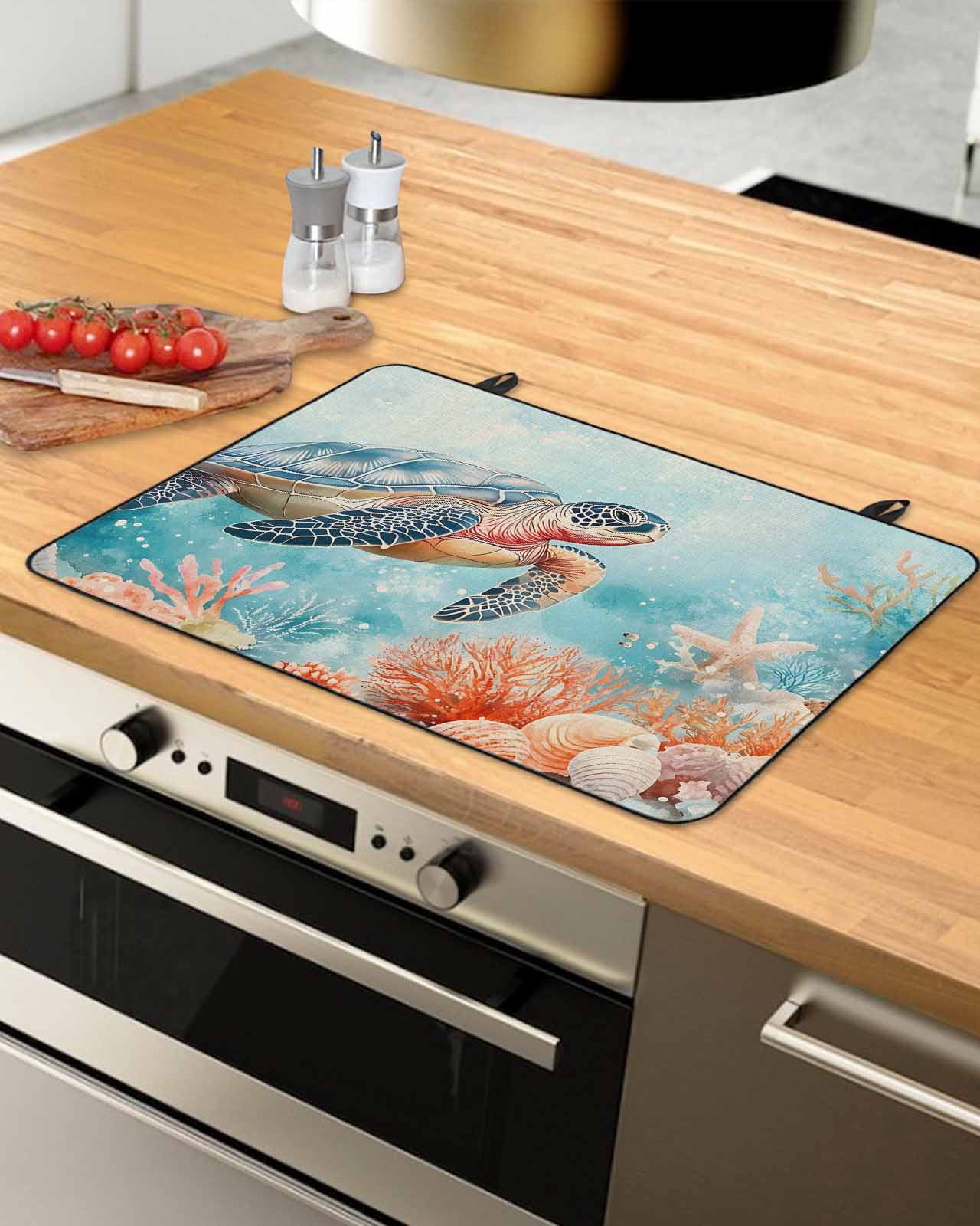 nqOlkjepod Large Induction Cooktop Protector Mat 24"x21", Ocean Turtle Stove Top Covers for Electric Stove, Coastal Blue Coral Starfish Shell Stove Burner Cover Mats, Glass Top Stove Cover