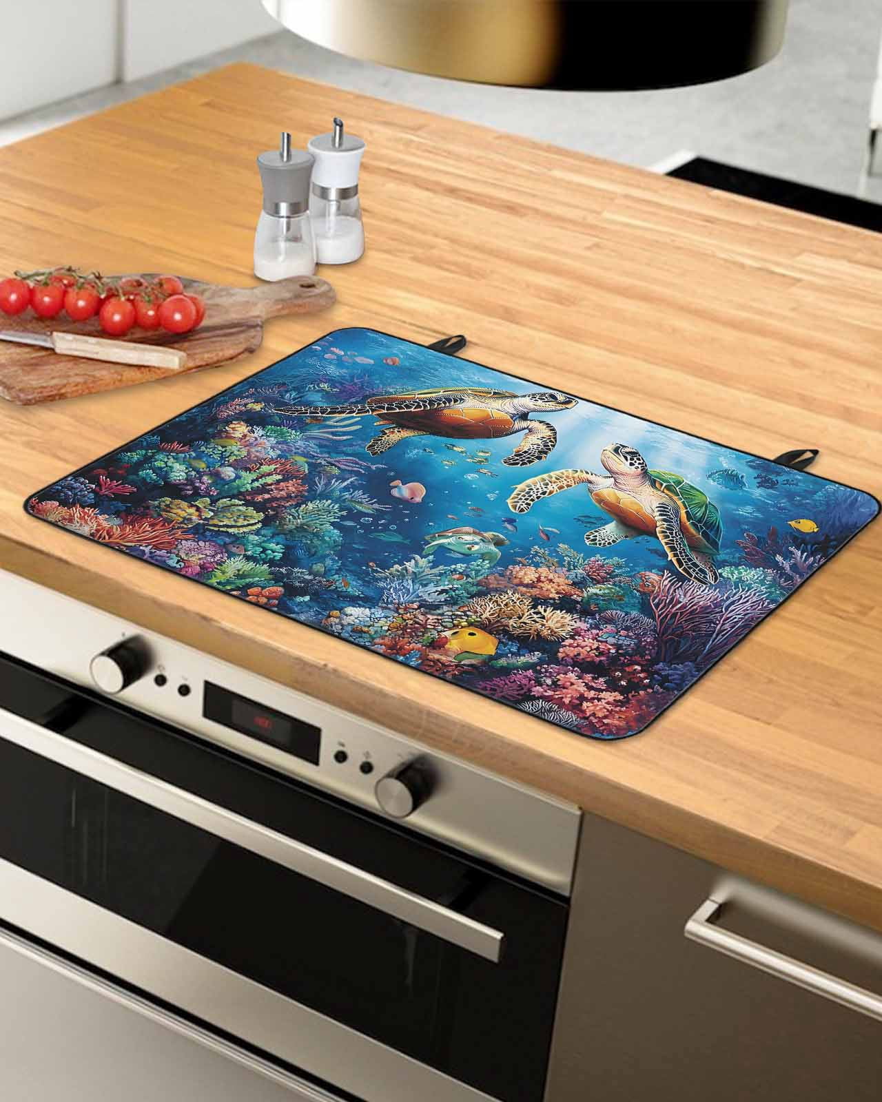 nqOlkjepod Large Induction Cooktop Protector Mat 24"x21", Ocean Turtle Stove Top Covers for Electric Stove, Sea Coral Underwater Animal Fish Blue Stove Burner Cover Mats, Glass Top Stove Cover