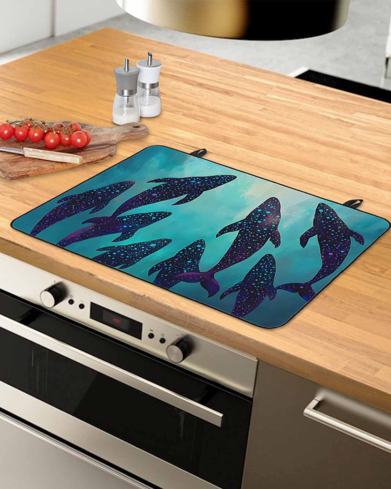 nqOlkjepod Large Induction Cooktop Protector Mat 24"x21", Ocean Whale Stove Top Covers for Electric Stove, Coastal Nautical Teal Sea Decorative Stove Burner Cover Mats, Glass Top Stove Cover