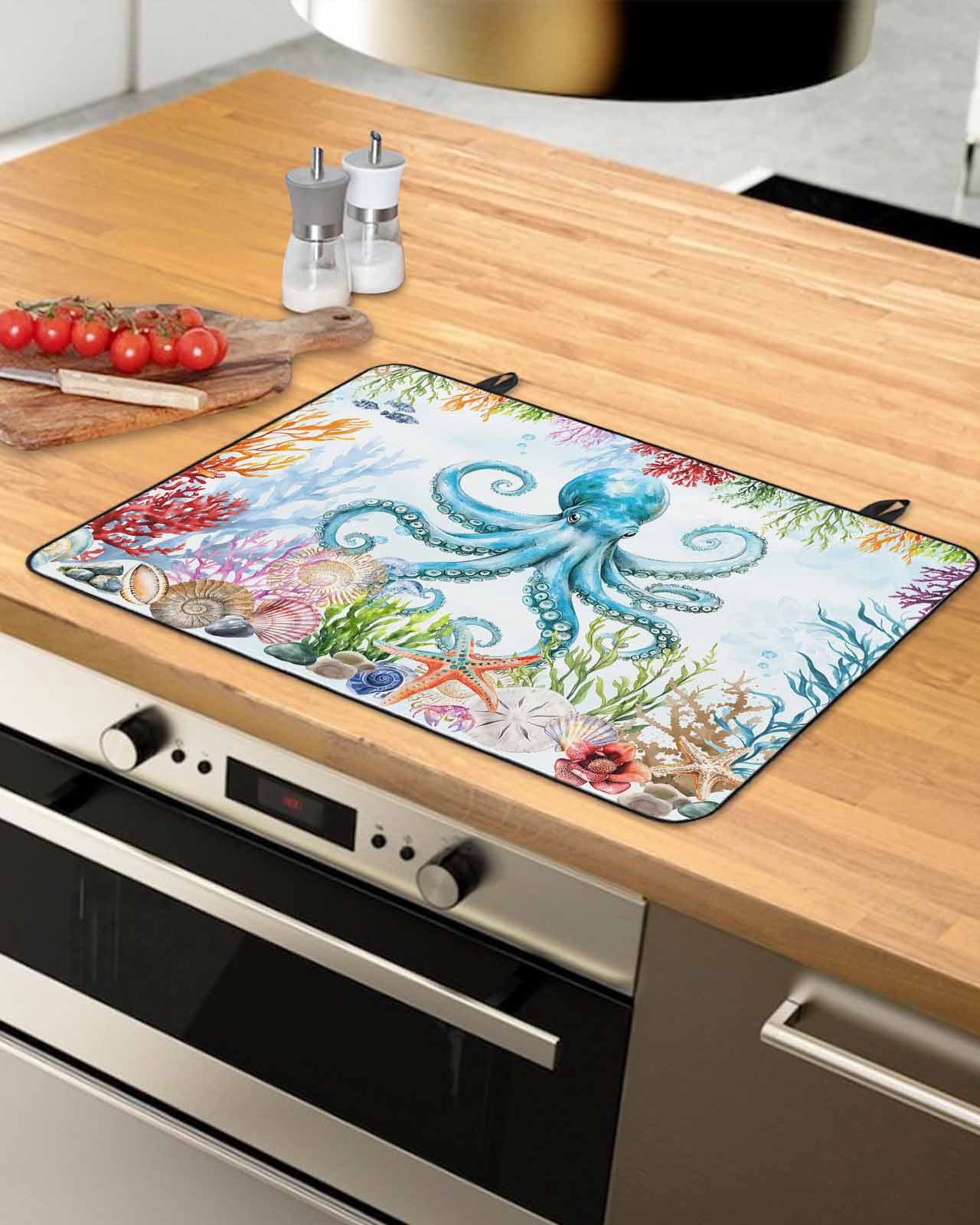 nqOlkjepod Large Induction Cooktop Protector Mat 24"x21", Octopus Coastal Stove Top Covers for Electric Stove, Blue Nautical Summer Beach Ocean Stove Burner Cover Mats, Glass Top Stove Cover