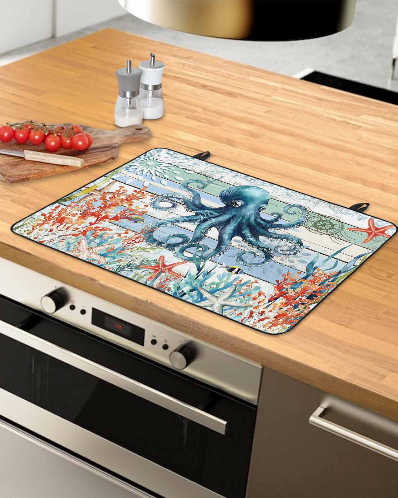 nqOlkjepod Large Induction Cooktop Protector Mat 24"x21", Octopus Coastal Stove Top Covers for Electric Stove, Summer Beach Ocean Coral Wooden Stove Burner Cover Mats, Glass Top Stove Cover