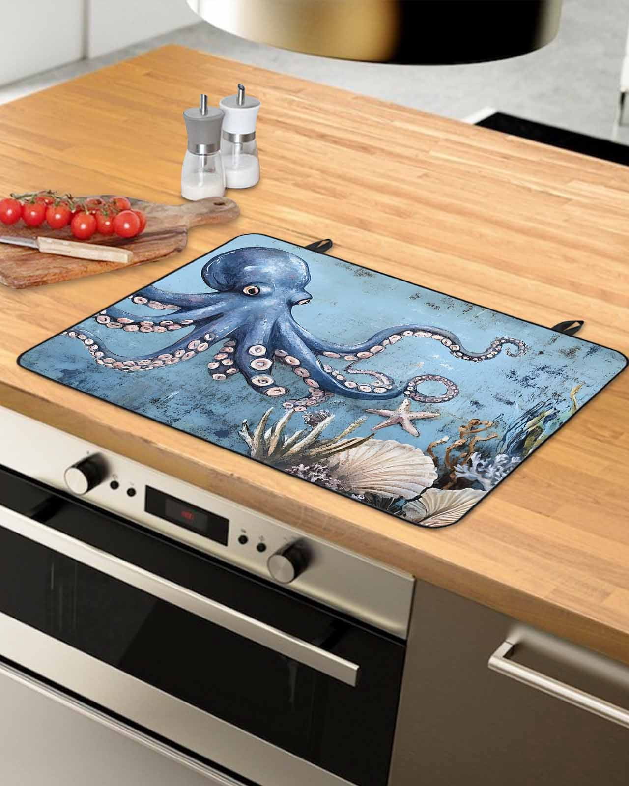 nqOlkjepod Large Induction Cooktop Protector Mat 24"x21", Octopus Stove Top Covers for Electric Stove, Blue Ocean Coastal Starfish Shell Coral Retro Stove Burner Cover Mats, Glass Top Stove Cover