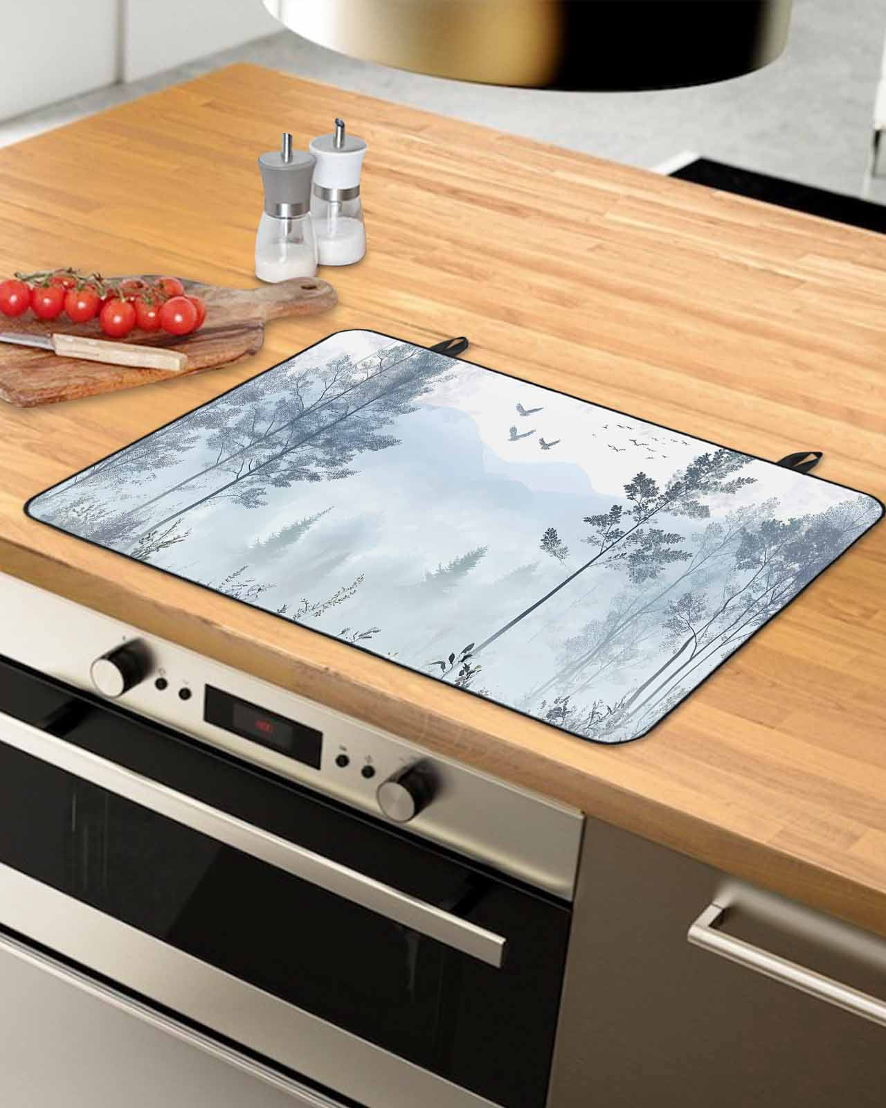 nqOlkjepod Large Induction Cooktop Protector Mat 24"x21", Ombre Forest Grey Stove Top Covers for Electric Stove, Mountain Watercolor Branches Stove Burner Cover Mats, Glass Top Stove Cover