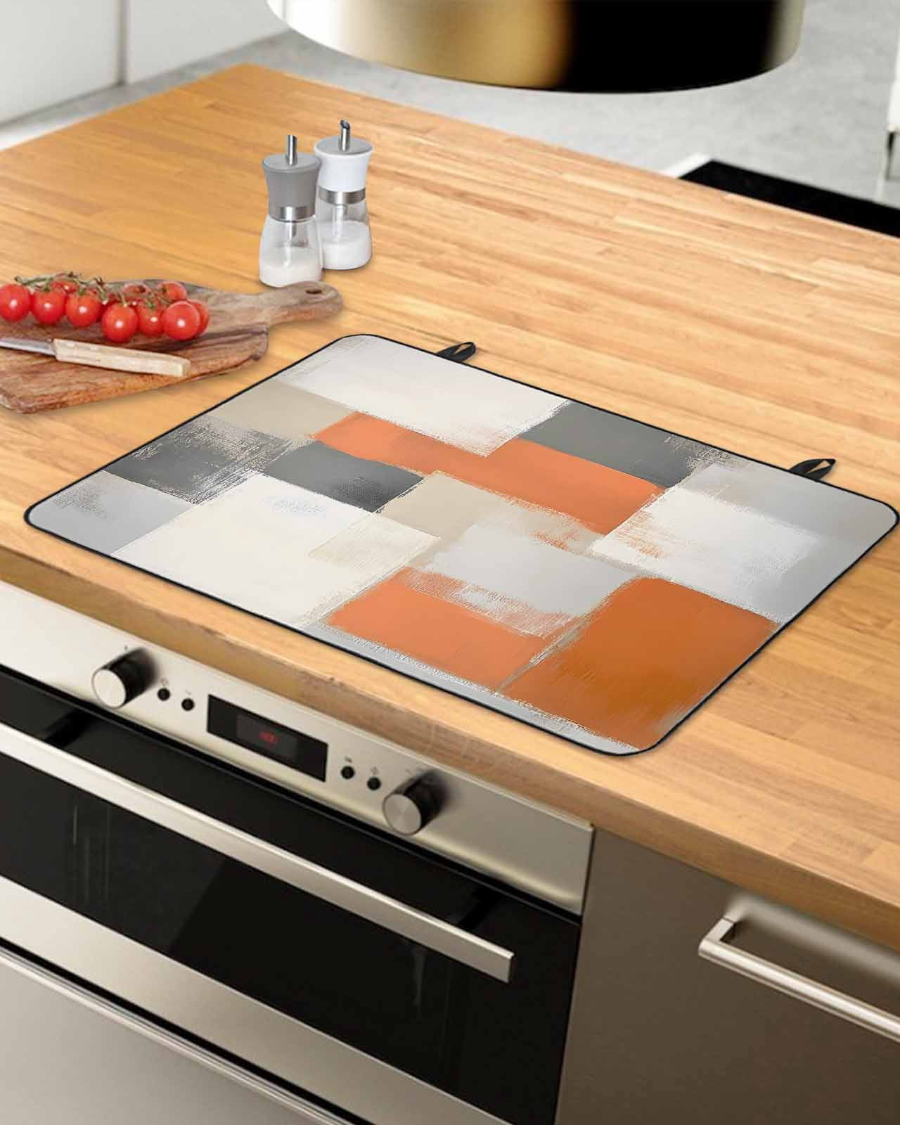 nqOlkjepod Large Induction Cooktop Protector Mat 24"x21", Orange Beige Geometric Stove Top Covers for Electric Stove, Abstract Grey Oil Painting Stove Burner Cover Mats, Glass Top Stove Cover