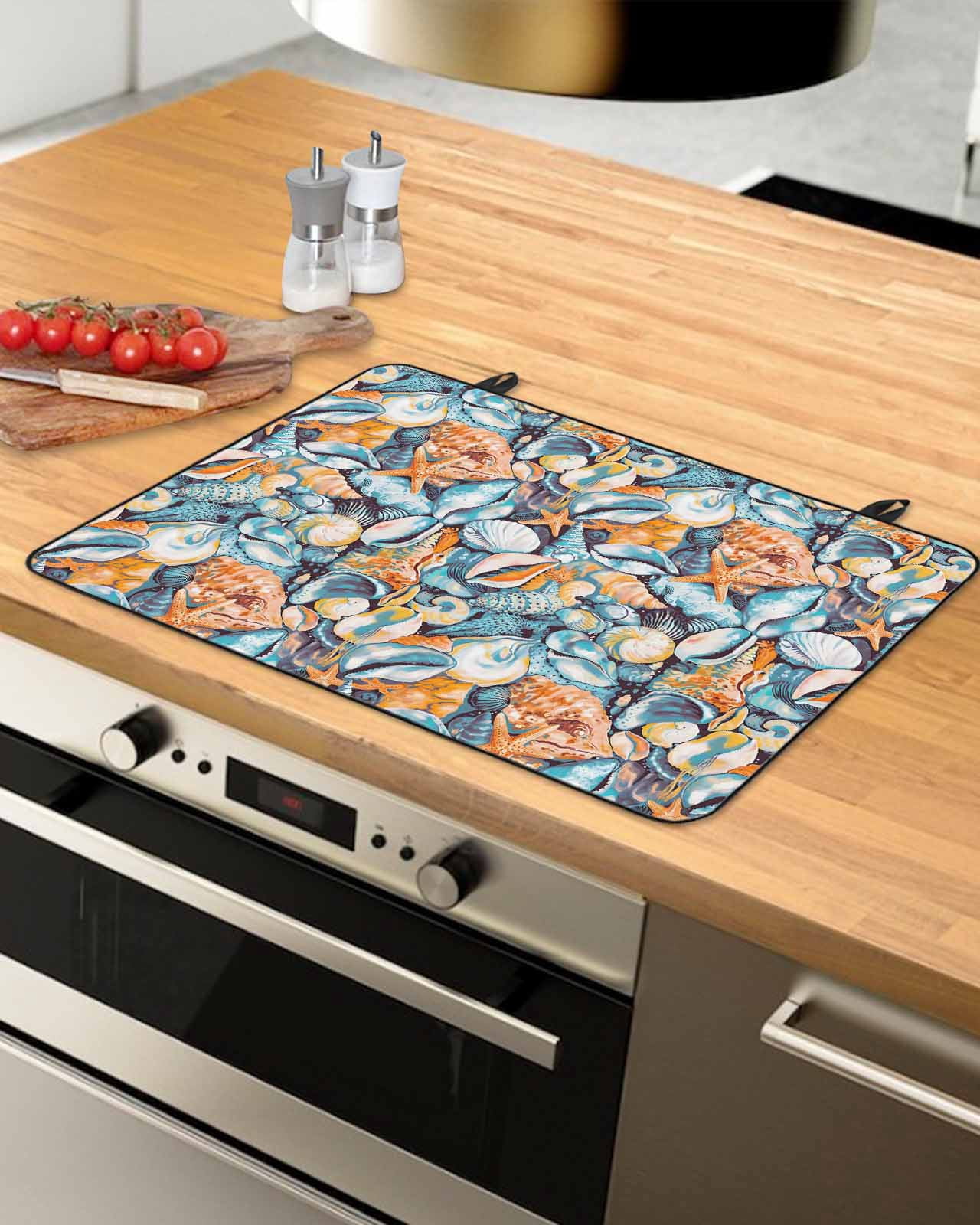 nqOlkjepod Large Induction Cooktop Protector Mat 24"x21", Orange Blue Coastal Stove Top Covers for Electric Stove, Summer Ocean Shell Conch Retro Stove Burner Cover Mats, Glass Top Stove Cover