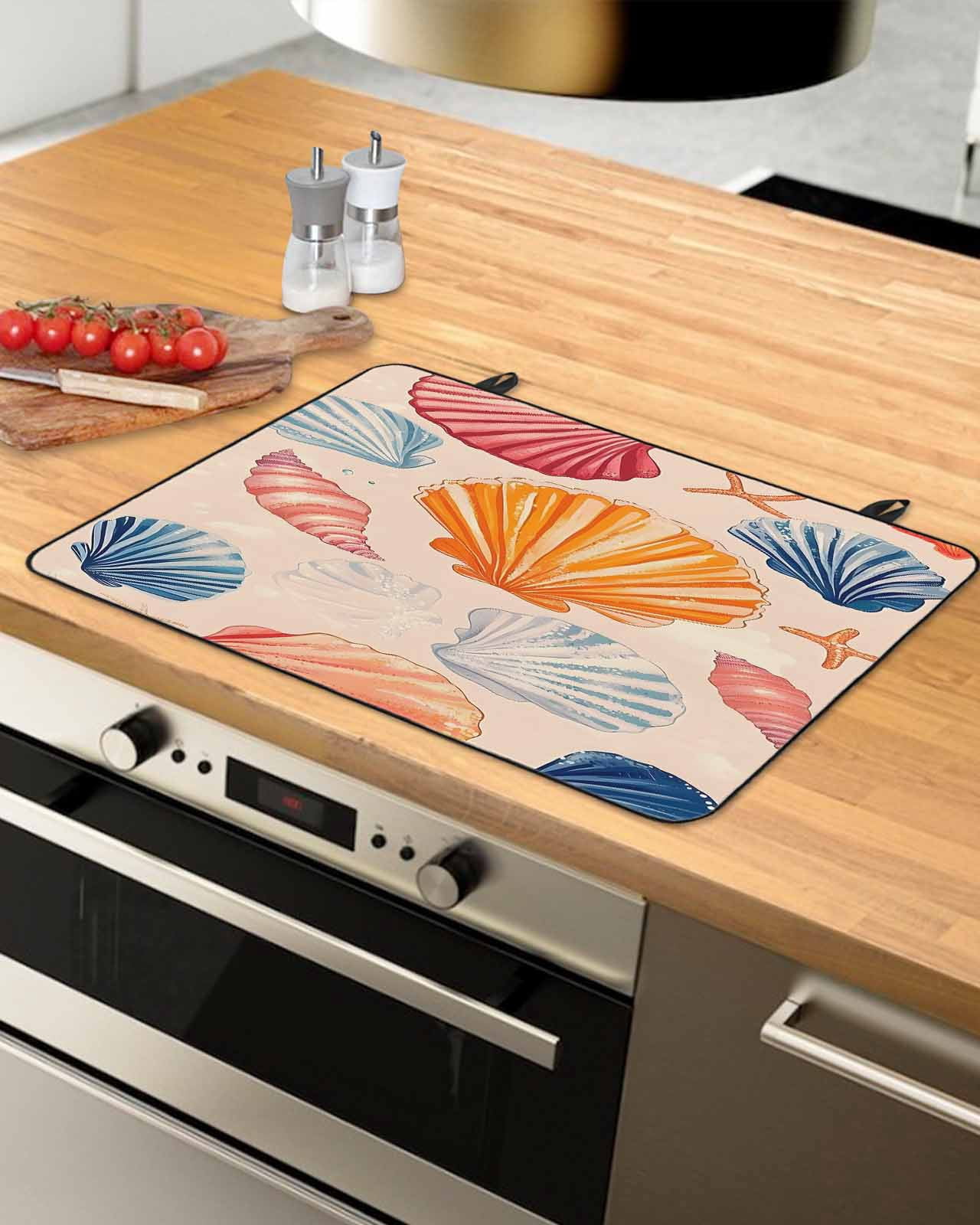 nqOlkjepod Large Induction Cooktop Protector Mat 24"x21", Orange Blue Pink Coastal Stove Top Covers for Electric Stove, Summer Nautical Shell Beach Stove Burner Cover Mats, Glass Top Stove Cover