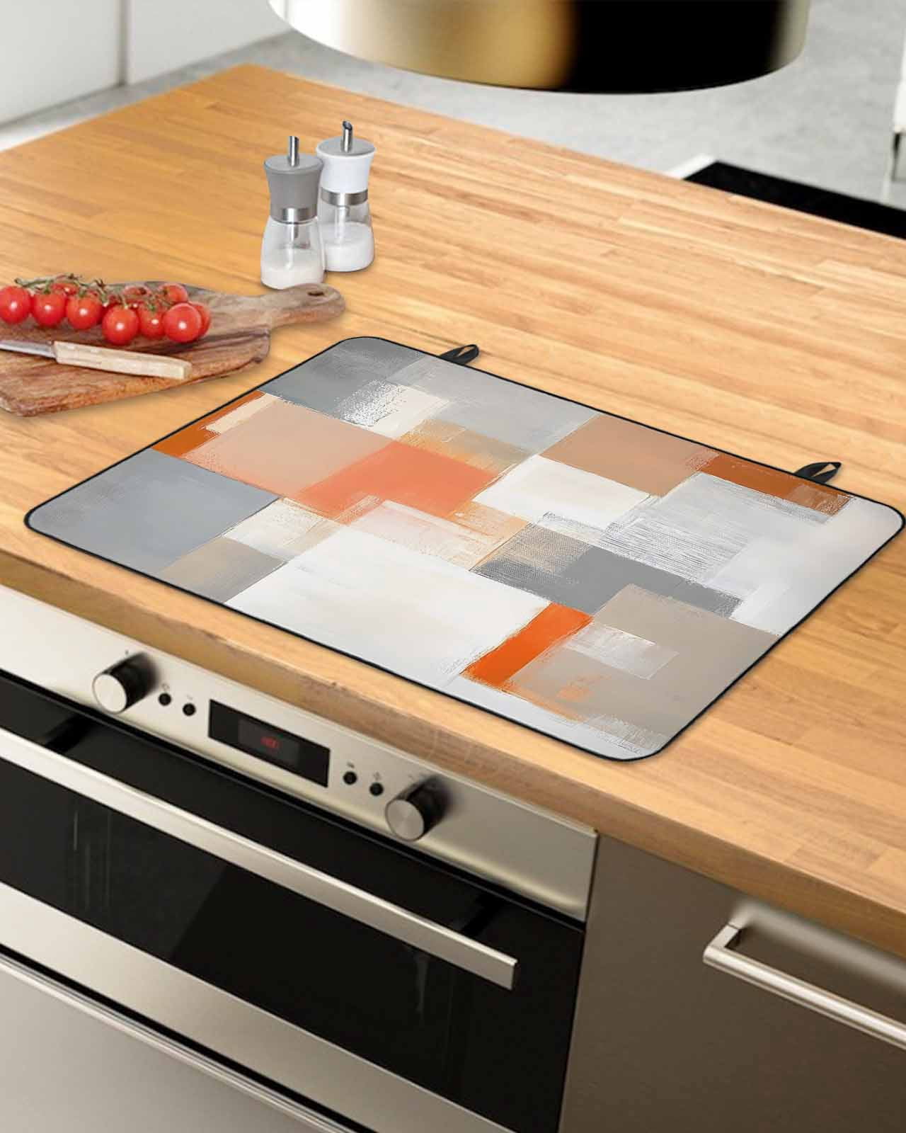 nqOlkjepod Large Induction Cooktop Protector Mat 24"x21", Orange Grey Geometric Stove Top Covers for Electric Stove, Modern Abstract Color Blocks Stove Burner Cover Mats, Glass Top Stove Cover