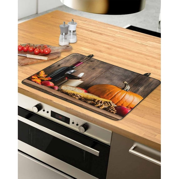 nqOlkjepod Large Induction Cooktop Protector Mat 24"x21", Orange Pumpkin Stove Top Covers for Electric Stove, Farmhouse Glass Cup Vintage Decorative Stove Burner Cover Mats, Glass Top Stove Cover