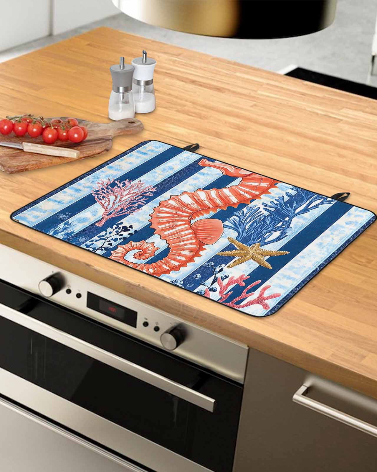 nqOlkjepod Large Induction Cooktop Protector Mat 24"x21", Orange Red Seahorse Stove Top Covers for Electric Stove, Coastal Ocean Coral Striped Stove Burner Cover Mats, Glass Top Stove Cover