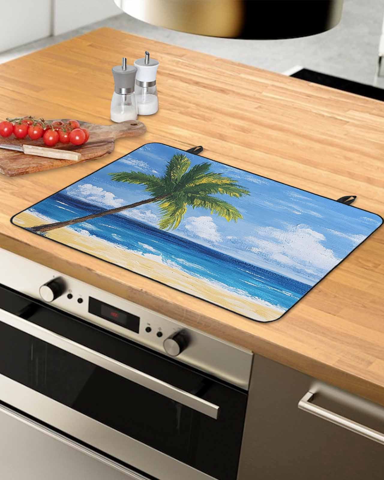 nqOlkjepod Large Induction Cooktop Protector Mat 24"x21", Palm Tree Beach Stove Top Covers for Electric Stove, Summer Ocean Blue Sky Cloudy Scenery Stove Burner Cover Mats, Glass Top Stove Cover