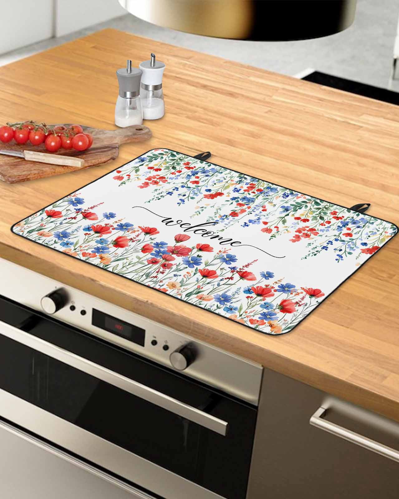 nqOlkjepod Large Induction Cooktop Protector Mat 24"x21", Pastoral Botanical Stove Top Covers for Electric Stove, Blue Red Floral Spring Welcome Stove Burner Cover Mats, Glass Top Stove Cover