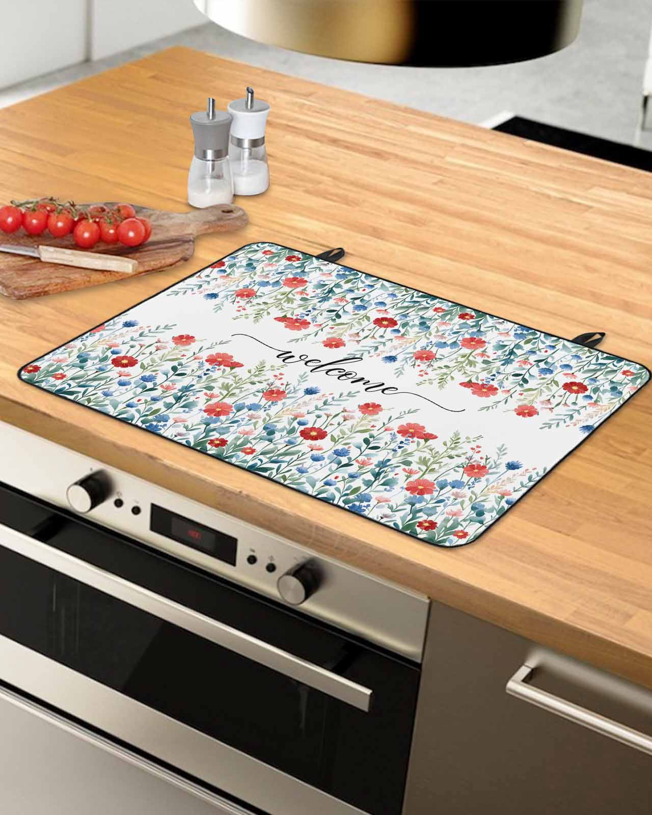 nqOlkjepod Large Induction Cooktop Protector Mat 24"x21", Pastoral Botanical Stove Top Covers for Electric Stove, Watercolor Blue Red Floral Spring Stove Burner Cover Mats, Glass Top Stove Cover