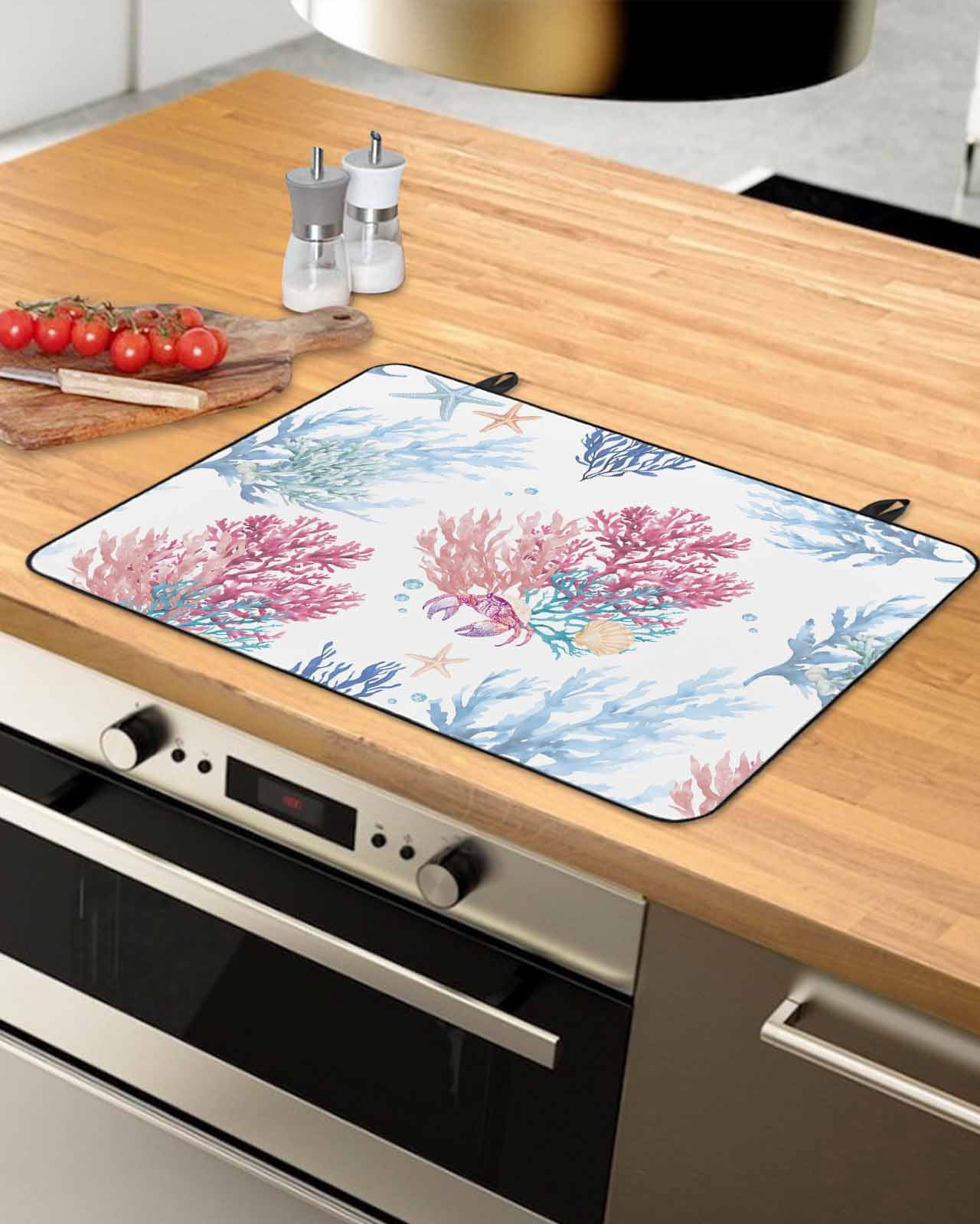 nqOlkjepod Large Induction Cooktop Protector Mat 24"x21", Pink Blue Coastal Stove Top Covers for Electric Stove, Ocean Coral Summer Beach Nautical Stove Burner Cover Mats, Glass Top Stove Cover