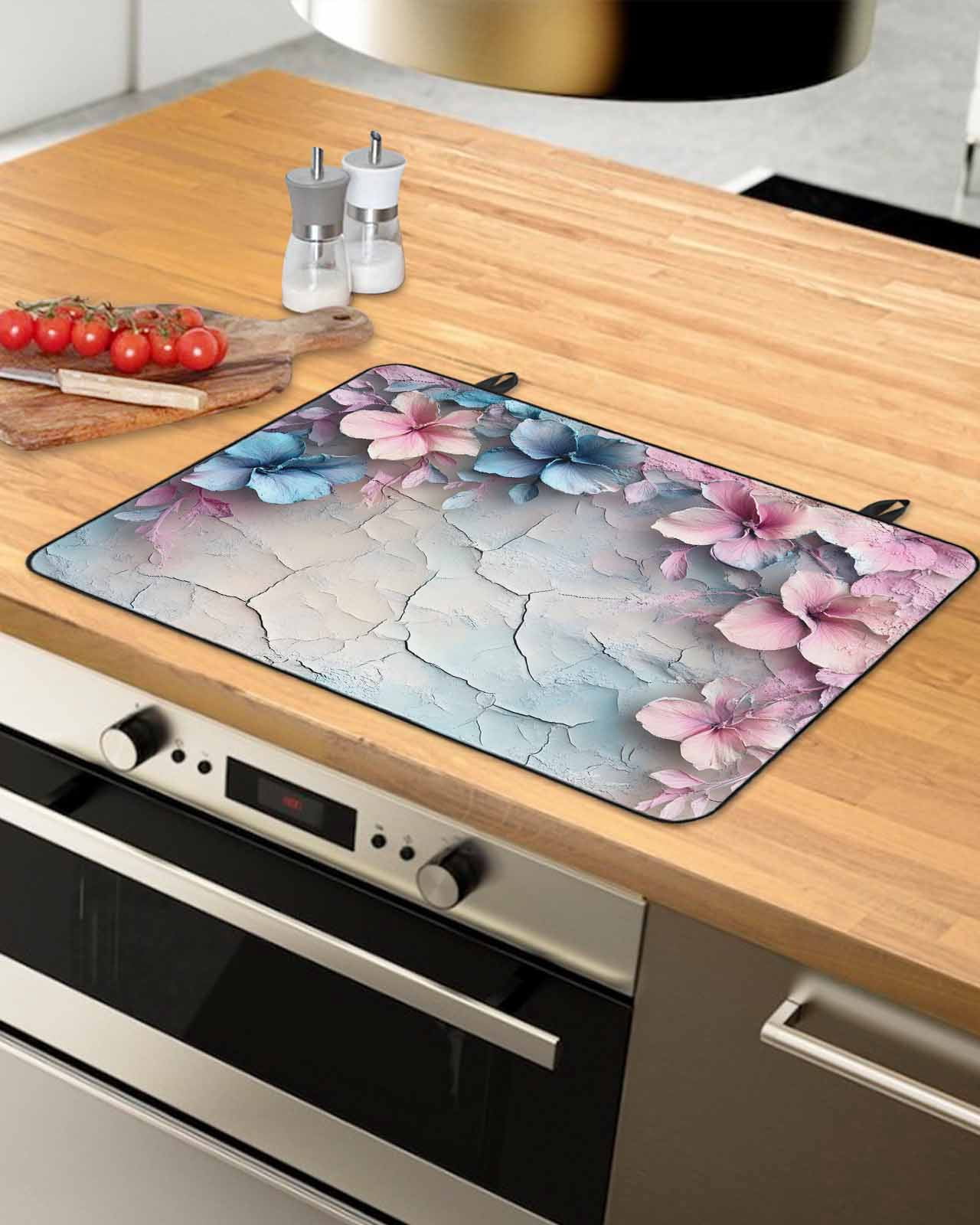 nqOlkjepod Large Induction Cooktop Protector Mat 24"x21", Pink Blue Flower Stove Top Covers for Electric Stove, Retro Mottled Walls Pastoral Country Stove Burner Cover Mats, Glass Top Stove Cover