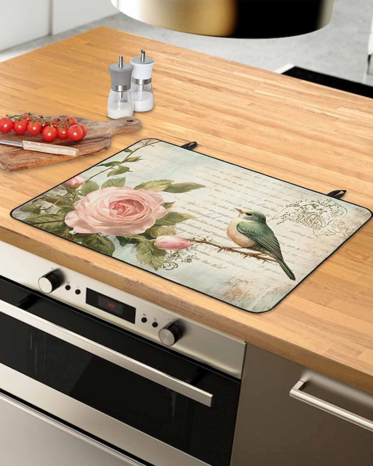 nqOlkjepod Large Induction Cooktop Protector Mat 24"x21", Pink Floral Stove Top Covers for Electric Stove, Bird Branch Vintage Mottled Middle Century Stove Burner Cover Mats, Glass Top Stove Cover
