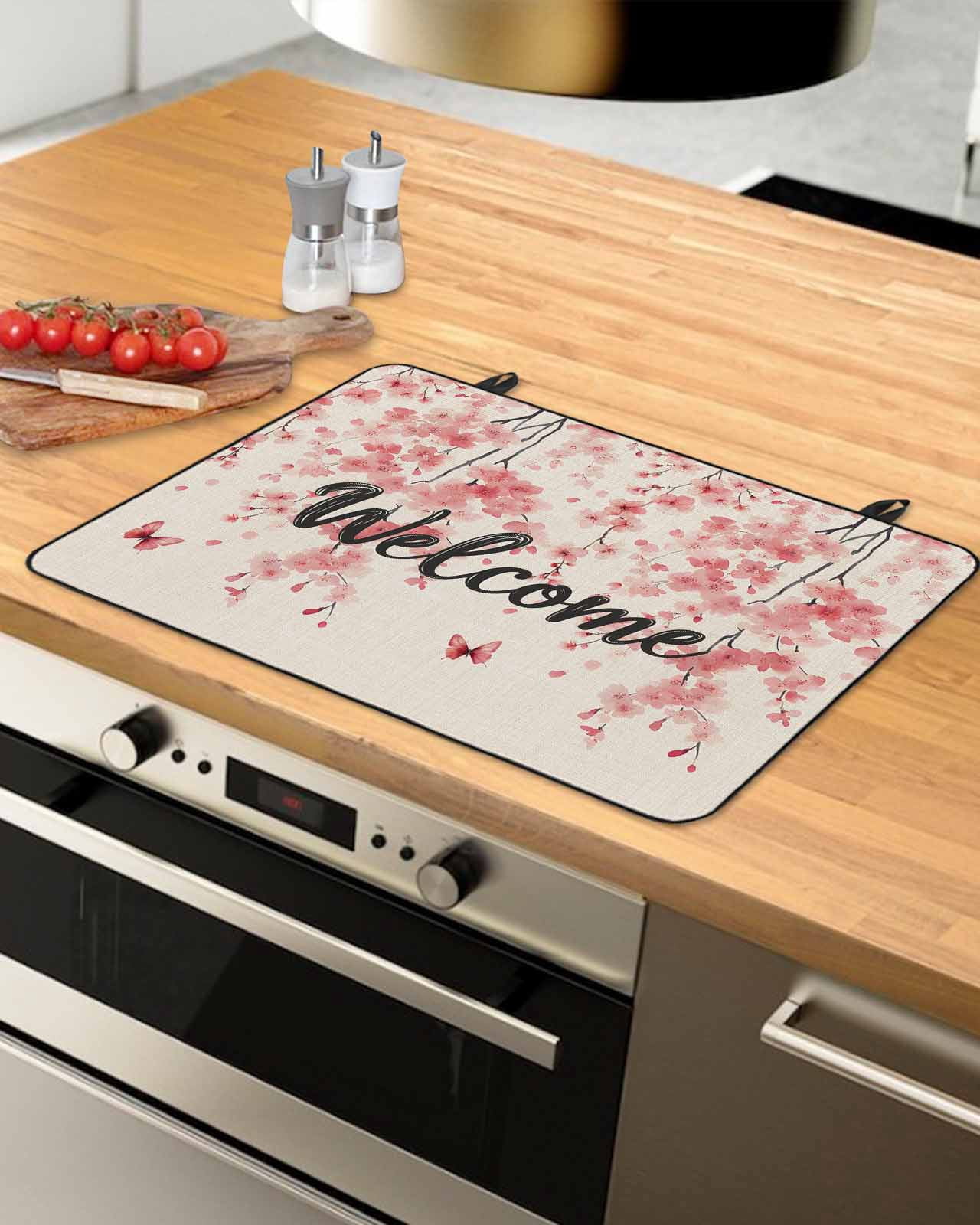 nqOlkjepod Large Induction Cooktop Protector Mat 24"x21", Pink Floral Stove Top Covers for Electric Stove, Spring Pastoral Botanical Blossom Retro Stove Burner Cover Mats, Glass Top Stove Cover