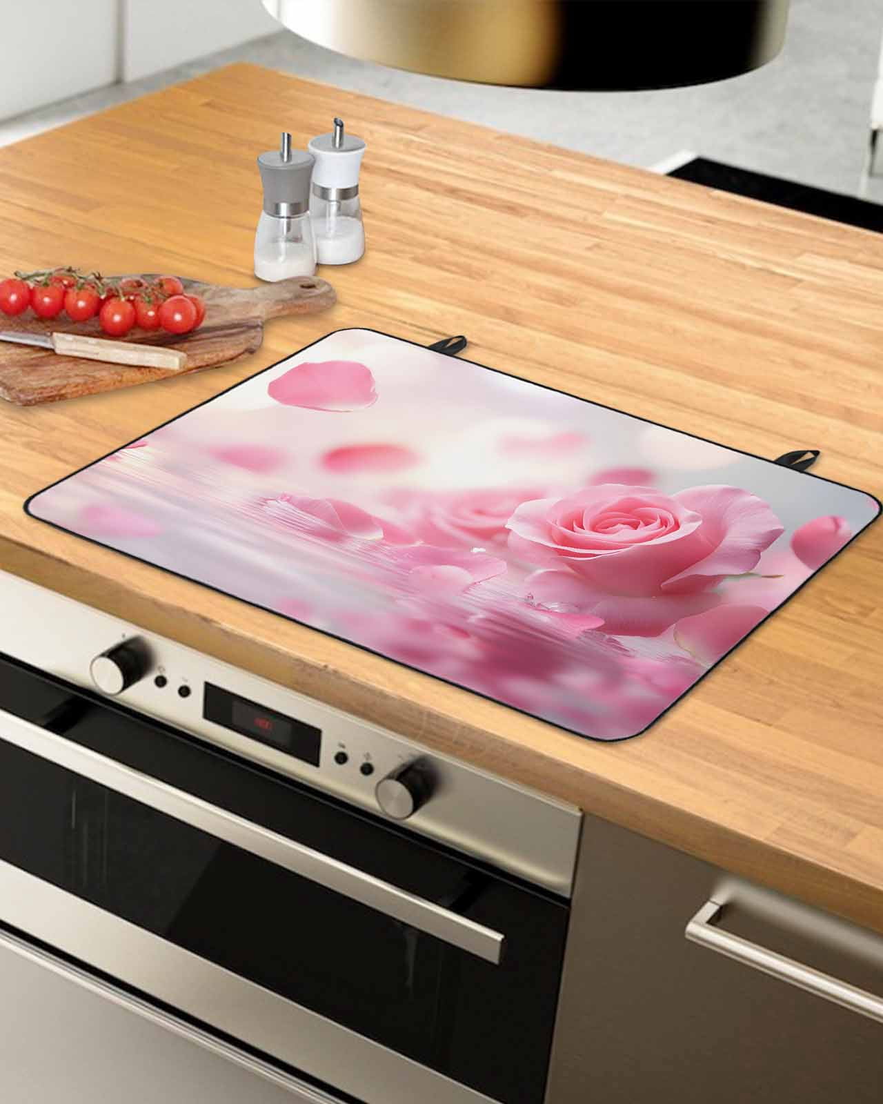 nqOlkjepod Large Induction Cooktop Protector Mat 24"x21", Pink Rose Fantasy Stove Top Covers for Electric Stove, Elegance Floral Romantic Reflection Stove Burner Cover Mats, Glass Top Stove Cover
