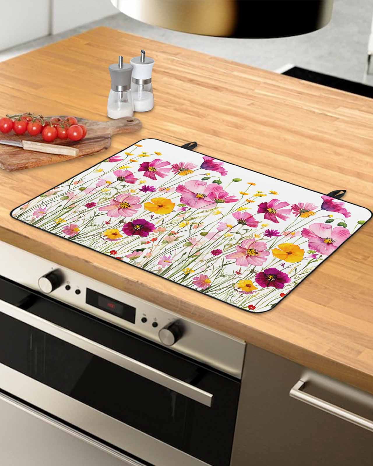 nqOlkjepod Large Induction Cooktop Protector Mat 24"x21", Pink Yellow Flowers Stove Top Covers for Electric Stove, Spring Blooms Botanicals Floral Stove Burner Cover Mats, Glass Top Stove Cover