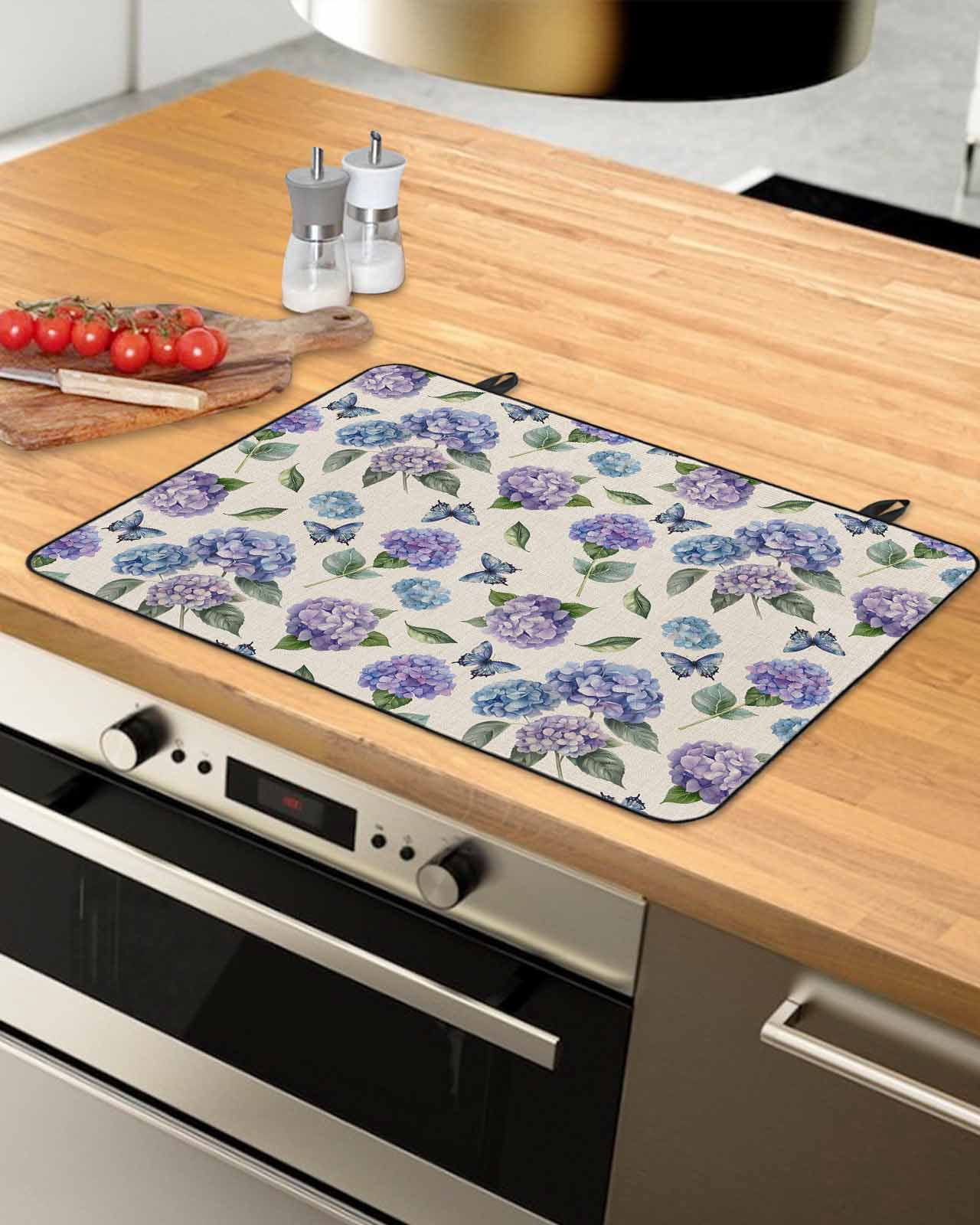 nqOlkjepod Large Induction Cooktop Protector Mat 24"x21", Purple Blue Hydrangea Stove Top Covers for Electric Stove, Pastoral Butterfly Botanical Stove Burner Cover Mats, Glass Top Stove Cover