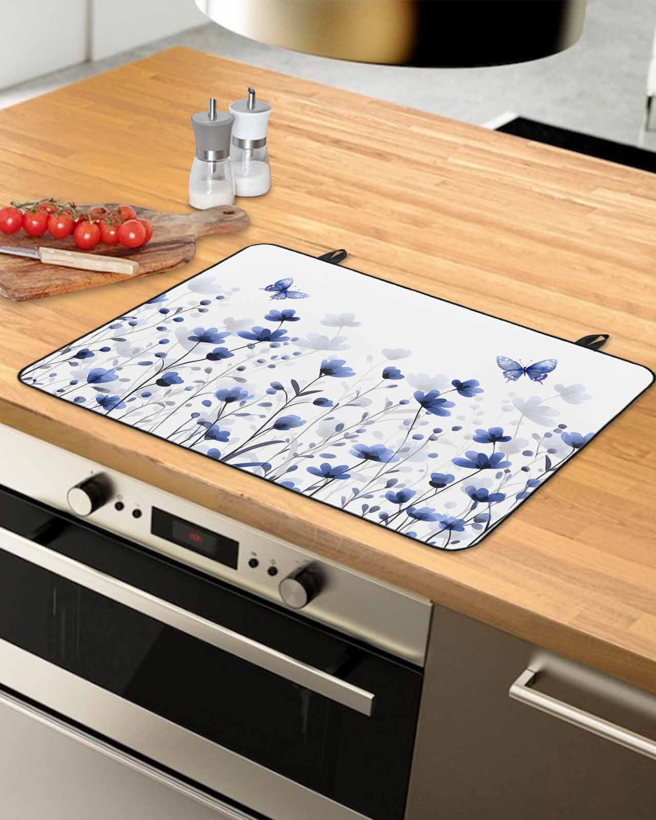nqOlkjepod Large Induction Cooktop Protector Mat 24"x21", Purple Floral Butterfly Stove Top Covers for Electric Stove, Spring Rustic Botanical Flowers Stove Burner Cover Mats, Glass Top Stove Cover