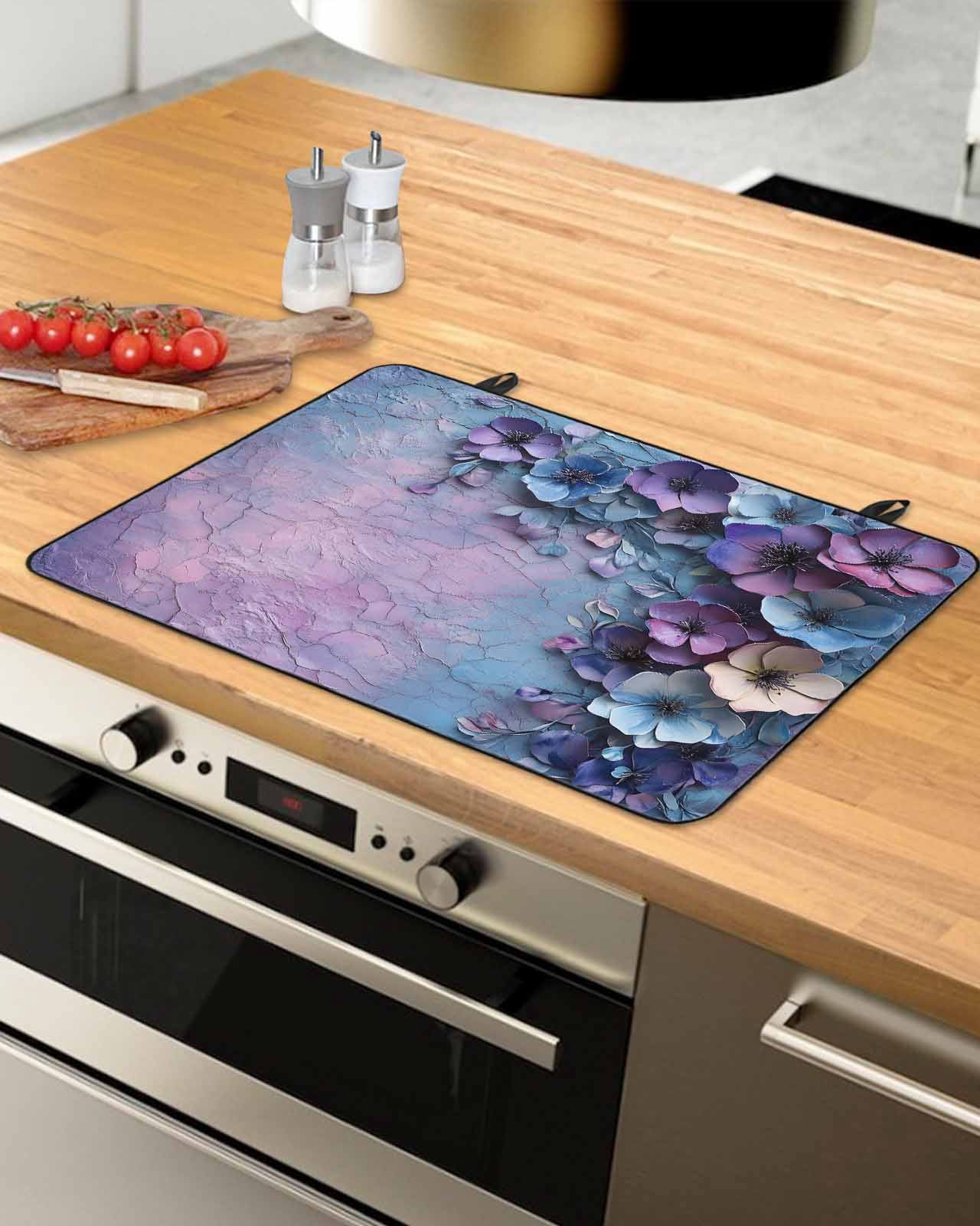 nqOlkjepod Large Induction Cooktop Protector Mat 24"x21", Purple Floral Stove Top Covers for Electric Stove, Retro Flowers Mottled Pastoral Botanical Stove Burner Cover Mats, Glass Top Stove Cover