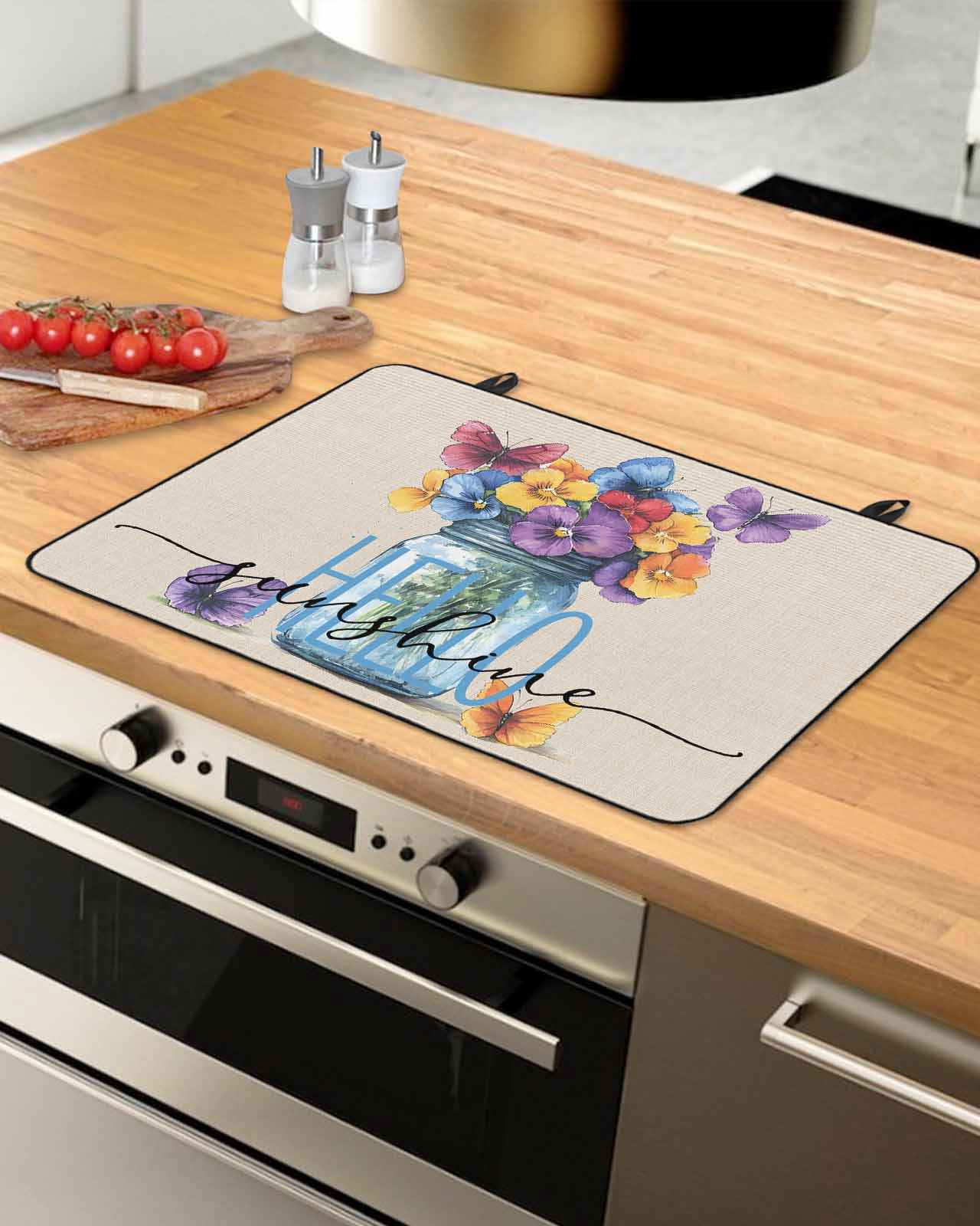 nqOlkjepod Large Induction Cooktop Protector Mat 24"x21", Purple Flower Stove Top Covers for Electric Stove, Blue Yellow Floral Bottle Country Plant Stove Burner Cover Mats, Glass Top Stove Cover