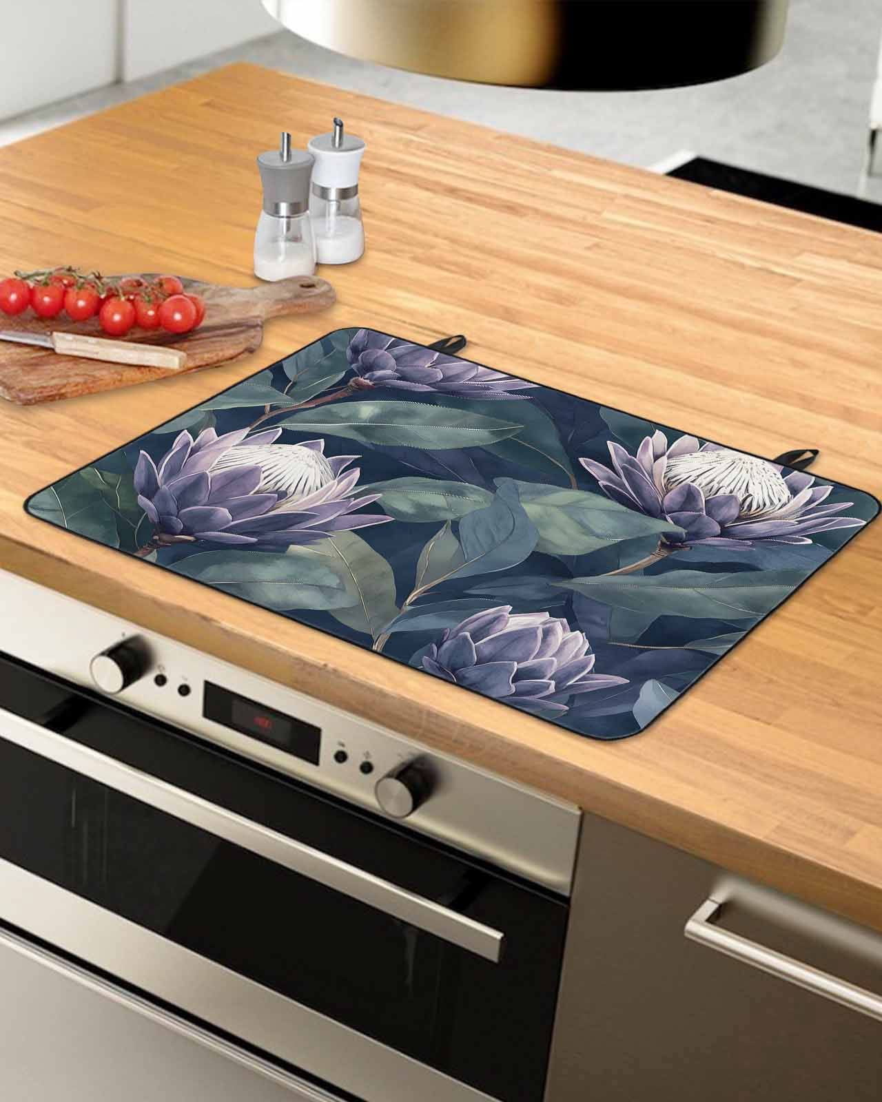 nqOlkjepod Large Induction Cooktop Protector Mat 24"x21", Purple Flower Stove Top Covers for Electric Stove, Botanical Budding Flowers Leaf Plant Stove Burner Cover Mats, Glass Top Stove Cover