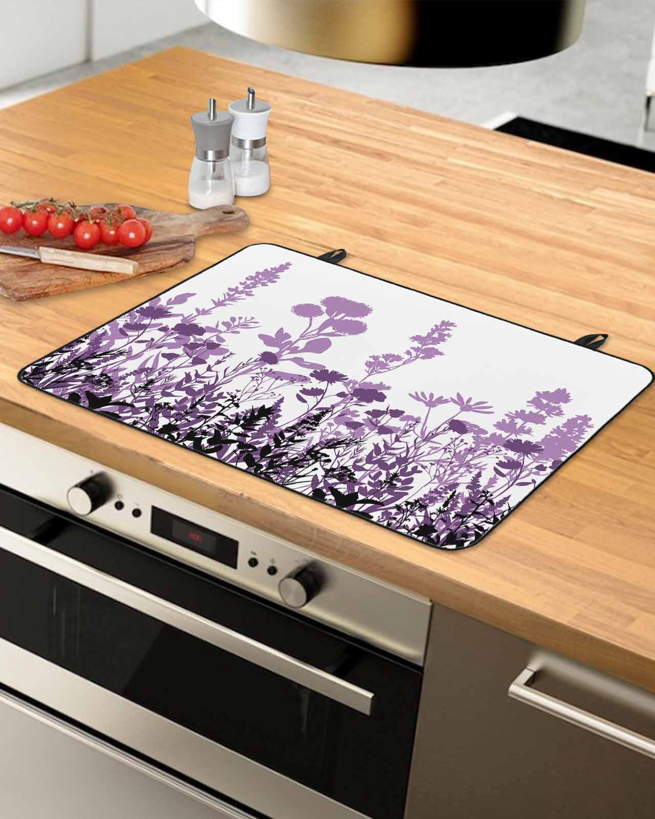 nqOlkjepod Large Induction Cooktop Protector Mat 24"x21", Purple Flowers Stove Top Covers for Electric Stove, Spring Farmhouse Botanical Floral Herbs Stove Burner Cover Mats, Glass Top Stove Cover