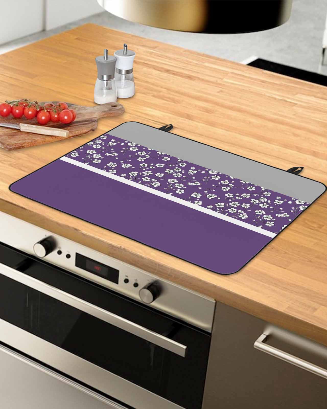 nqOlkjepod Large Induction Cooktop Protector Mat 24"x21", Purple Grey Flowers Stove Top Covers for Electric Stove, Classic Botanical Art Elegant Stove Burner Cover Mats, Glass Top Stove Cover