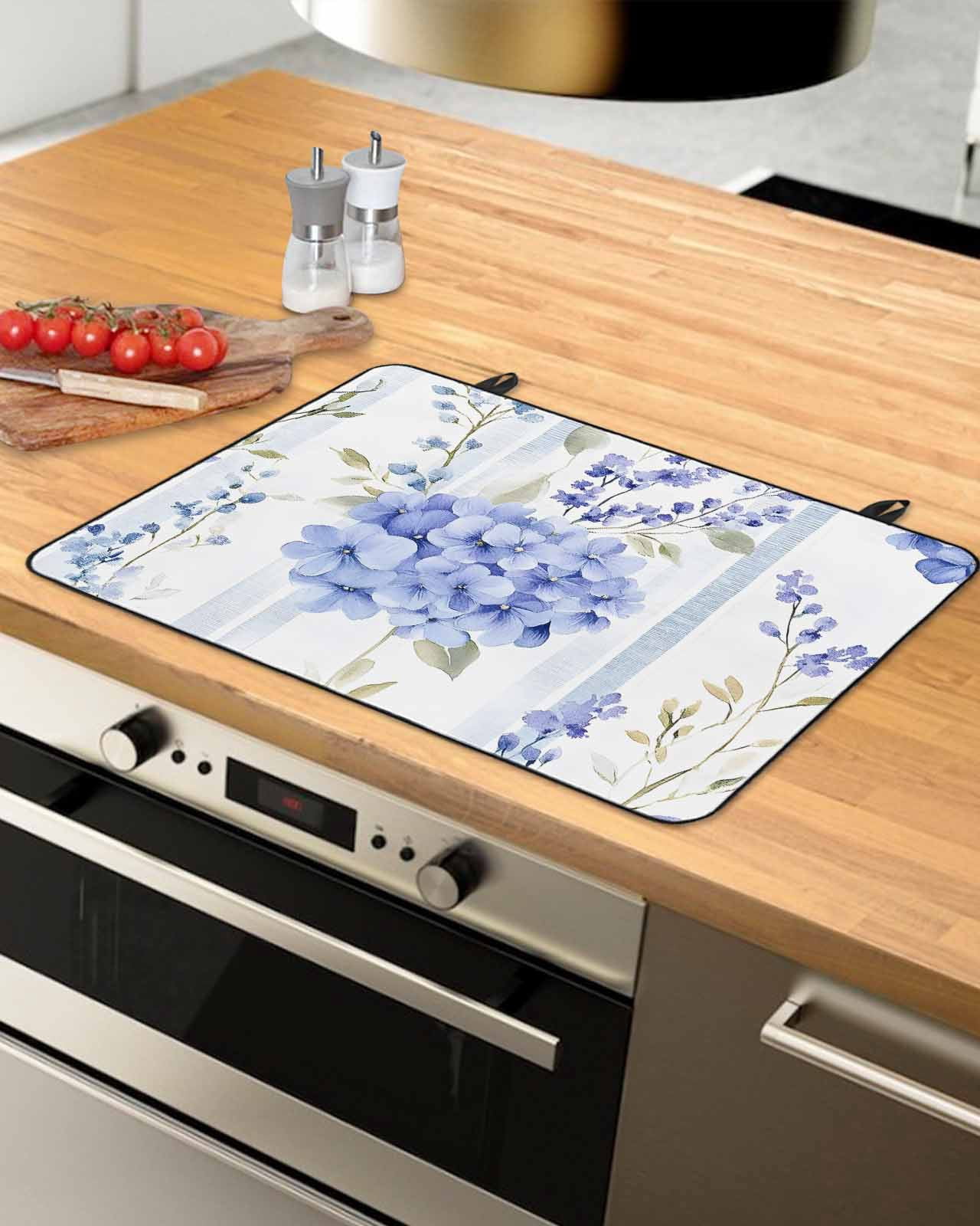 nqOlkjepod Large Induction Cooktop Protector Mat 24"x21", Purple Hydrangea Stove Top Covers for Electric Stove, Stripe Botanical Vintage Decorative Stove Burner Cover Mats, Glass Top Stove Cover