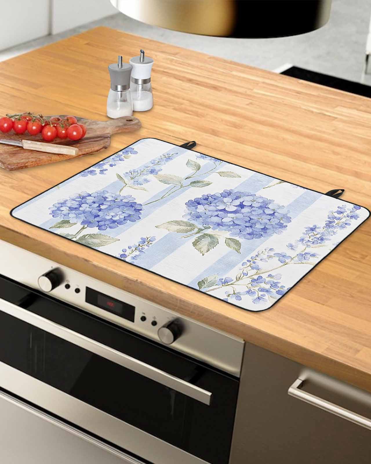nqOlkjepod Large Induction Cooktop Protector Mat 24"x21", Purple Hydrangea Stove Top Covers for Electric Stove, Stripe Vintage Floral Decorative Stove Burner Cover Mats, Glass Top Stove Cover
