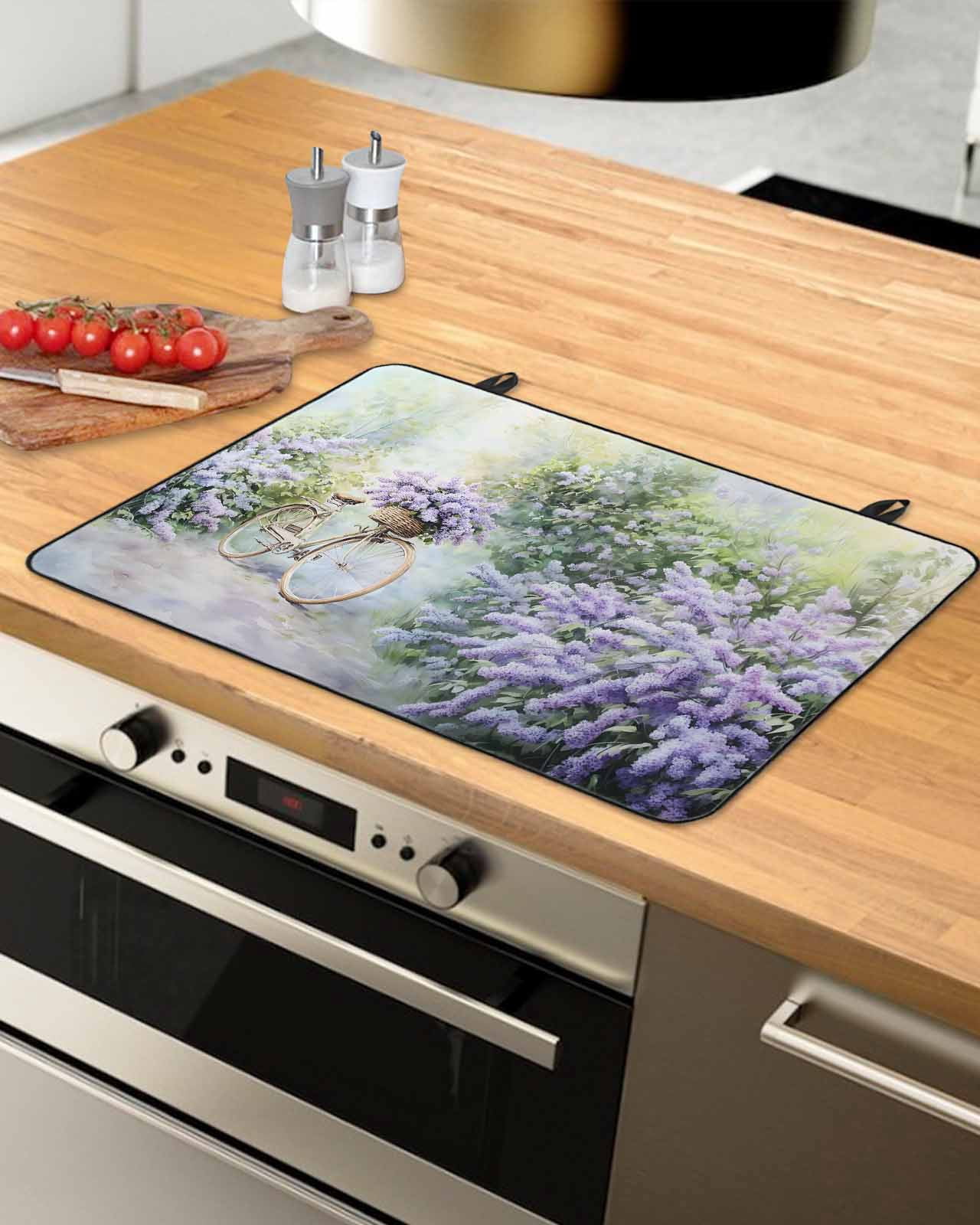 nqOlkjepod Large Induction Cooktop Protector Mat 24"x21", Purple Lavender Stove Top Covers for Electric Stove, Floral Pastoral Country Bike Farmhouse Stove Burner Cover Mats, Glass Top Stove Cover