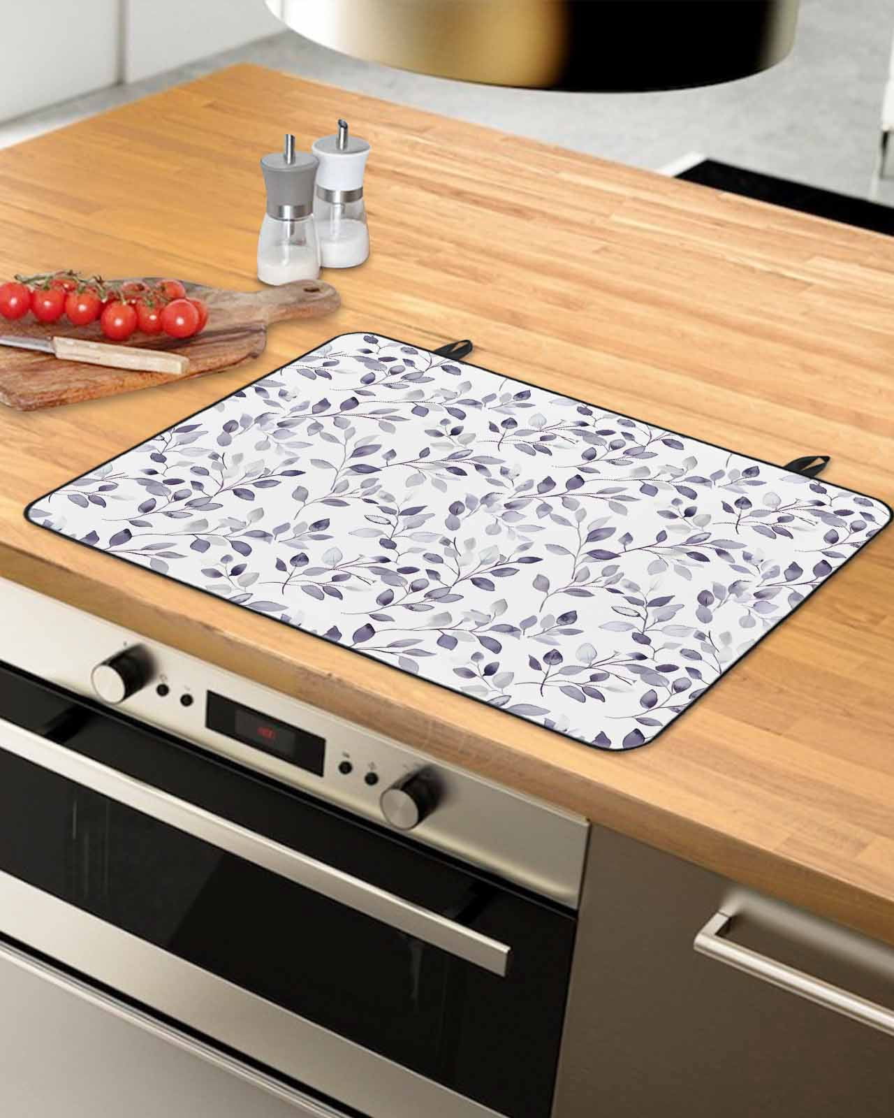 nqOlkjepod Large Induction Cooktop Protector Mat 24"x21", Purple Leaves Stove Top Covers for Electric Stove, Summer Botanical Watercolor Pastoral Stove Burner Cover Mats, Glass Top Stove Cover