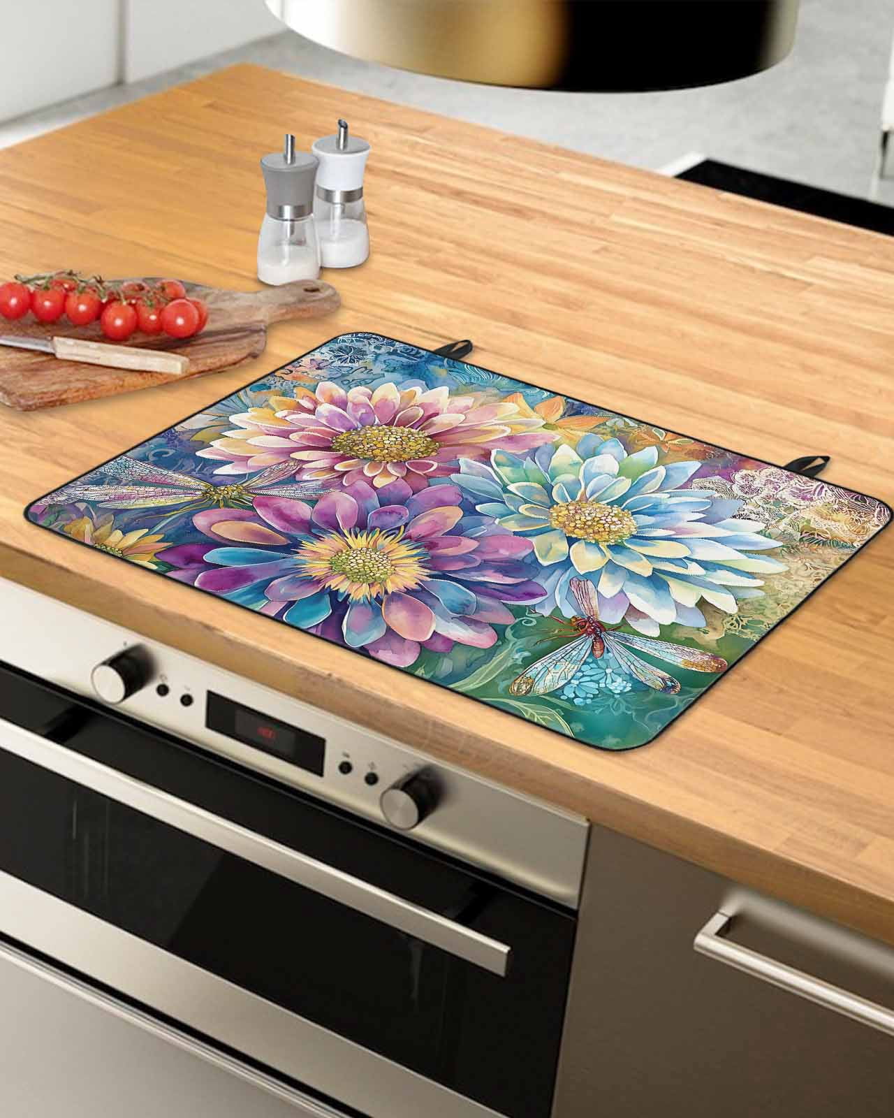 nqOlkjepod Large Induction Cooktop Protector Mat 24"x21", Purple Spring Floral Stove Top Covers for Electric Stove, Watercolor Summer Botanical Farmhouse Stove Burner Cover Mats Stove Cover