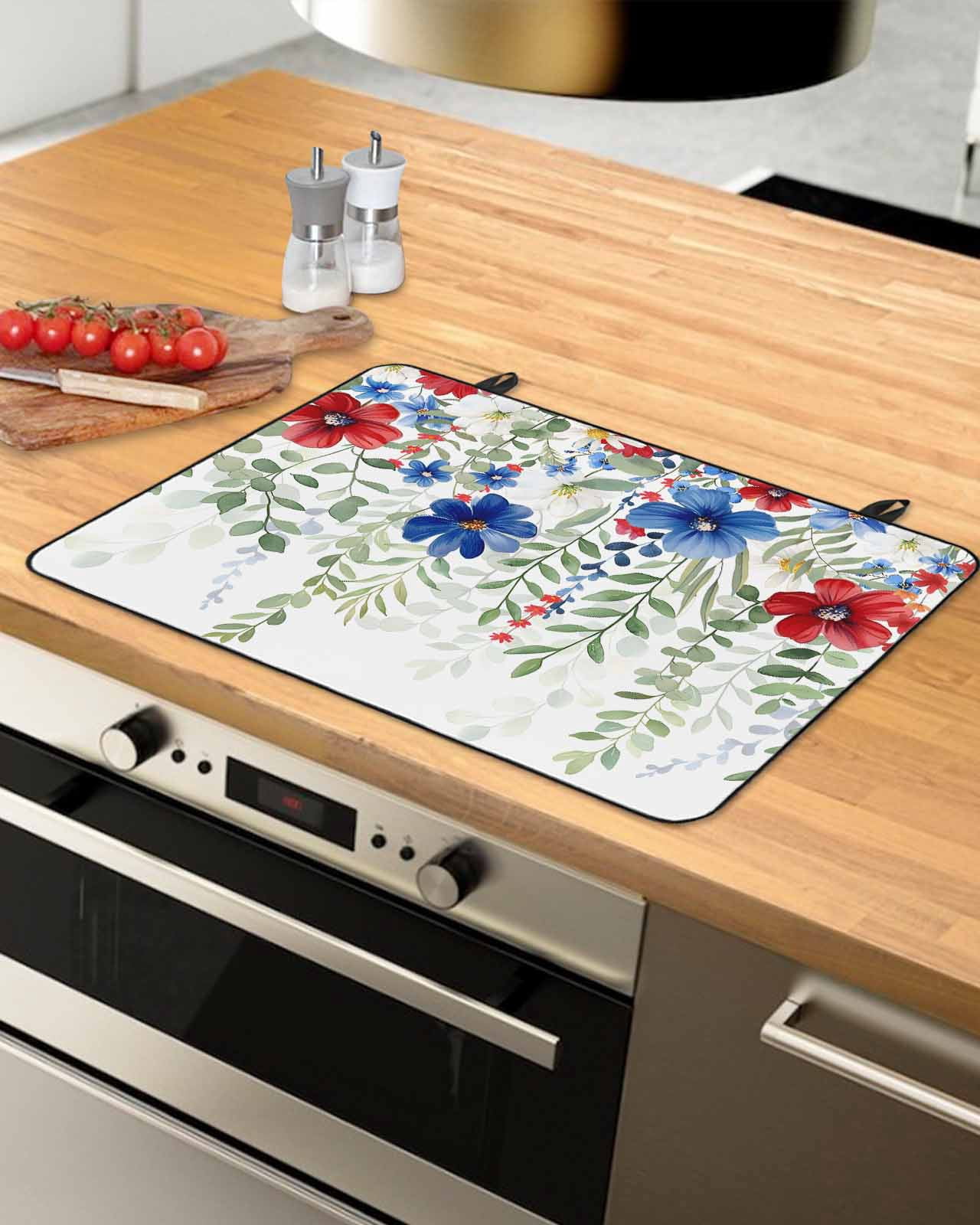 nqOlkjepod Large Induction Cooktop Protector Mat 24"x21", Red Blue Flowers 4th of July Stove Top Covers for Electric Stove, Independence Day Botanical Stove Burner Cover Mats, Glass Top Stove Cover