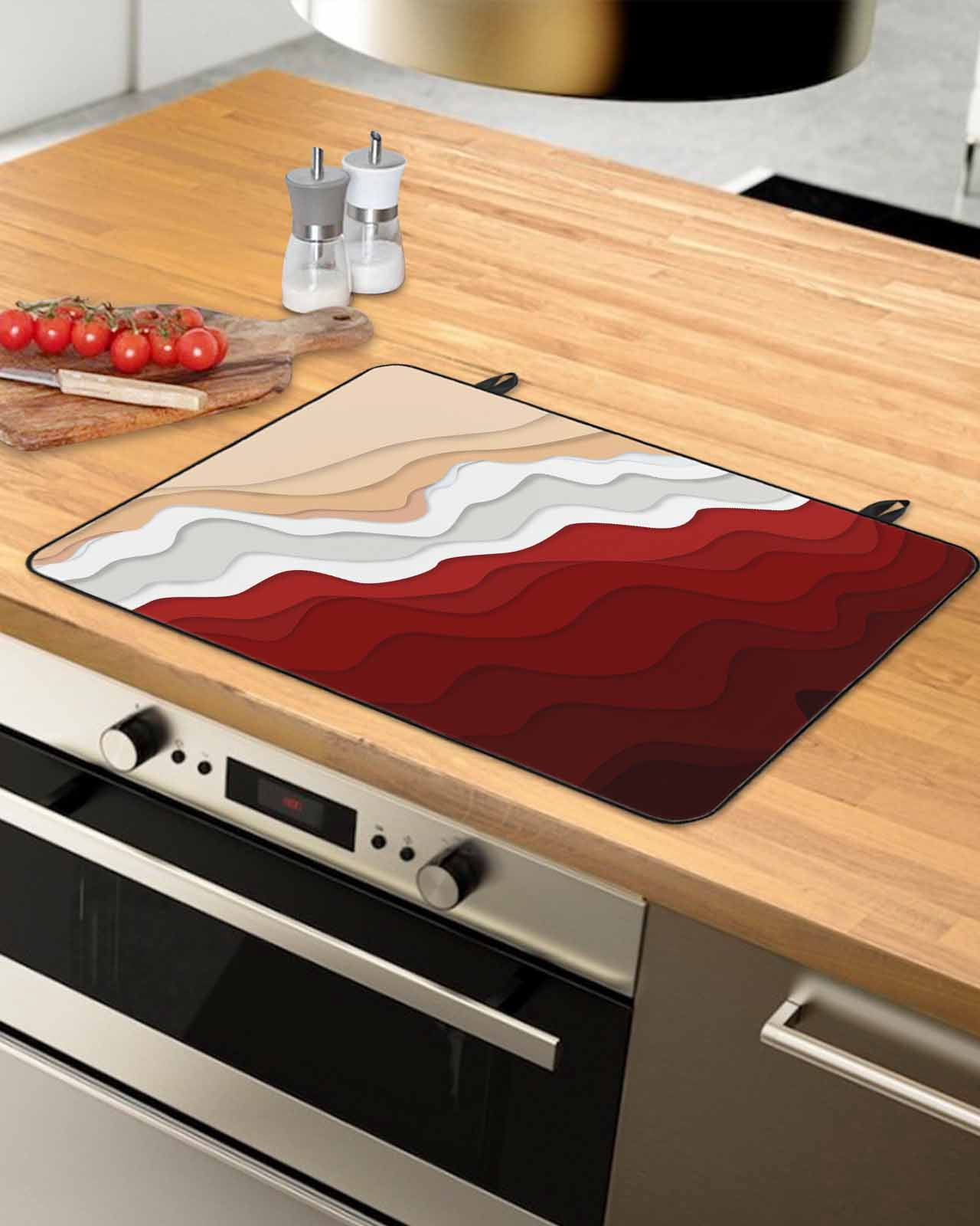nqOlkjepod Large Induction Cooktop Protector Mat 24"x21", Red Coastal Beach Stove Top Covers for Electric Stove, Farmhouse Abstract Ocean Waves Striped Stove Burner Cover Mats, Glass Top Stove Cover