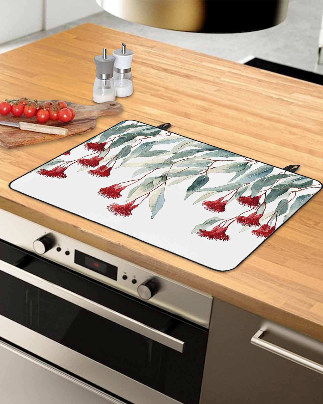 nqOlkjepod Large Induction Cooktop Protector Mat 24"x21", Red Floral Leaves Stove Top Covers for Electric Stove, Pastoral Rustic Botanical Flowers Stove Burner Cover Mats, Glass Top Stove Cover