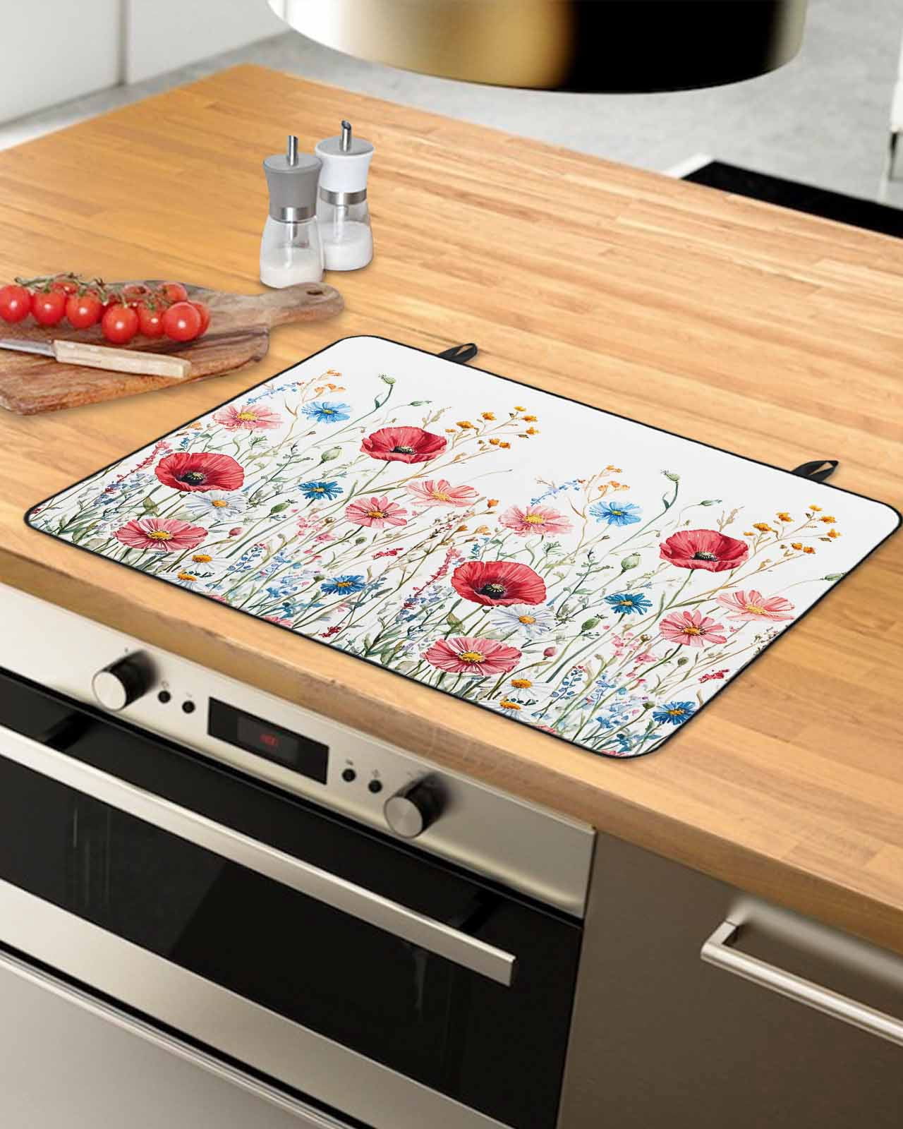 nqOlkjepod Large Induction Cooktop Protector Mat 24"x21", Red Flower Stove Top Covers for Electric Stove, Blue Pink Wildflower Poppy Floral Botanical Stove Burner Cover Mats, Glass Top Stove Cover