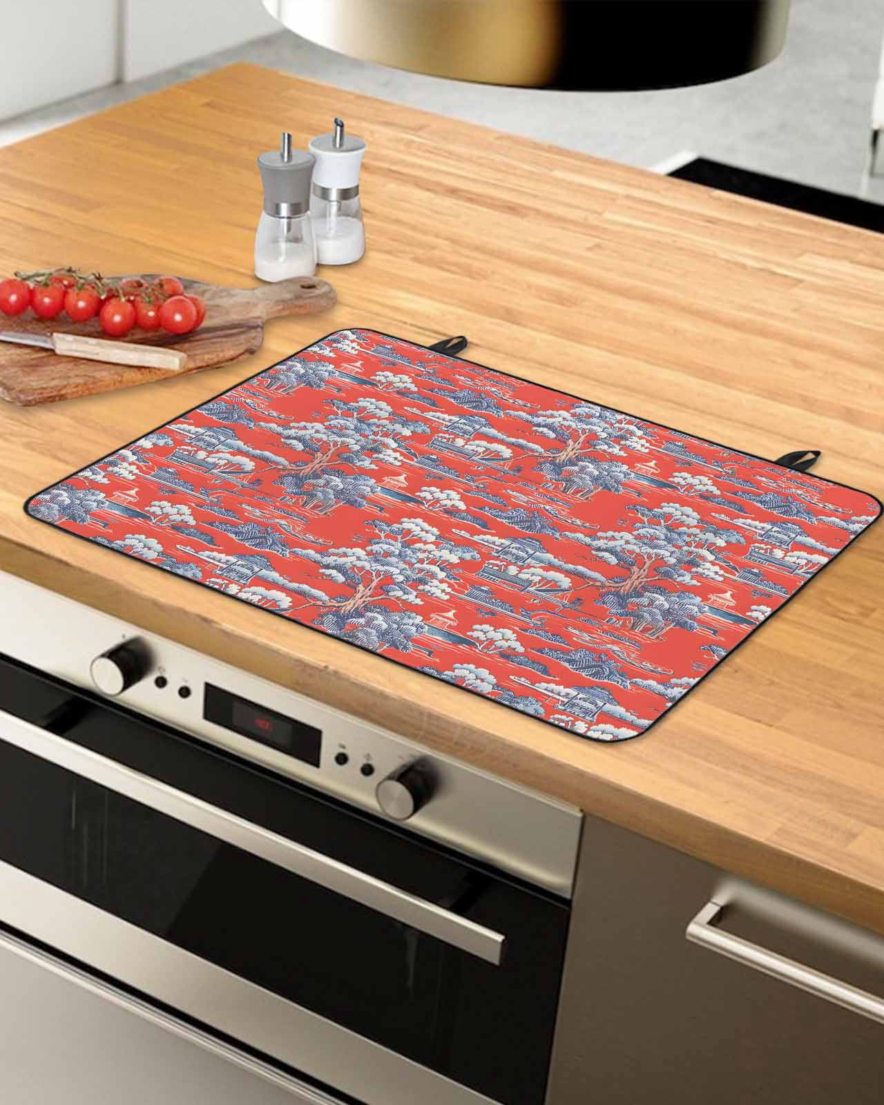 nqOlkjepod Large Induction Cooktop Protector Mat 24"x21", Red Garden Stove Top Covers for Electric Stove, Modern Art Retro Building Trees Landscape Stove Burner Cover Mats, Glass Top Stove Cover
