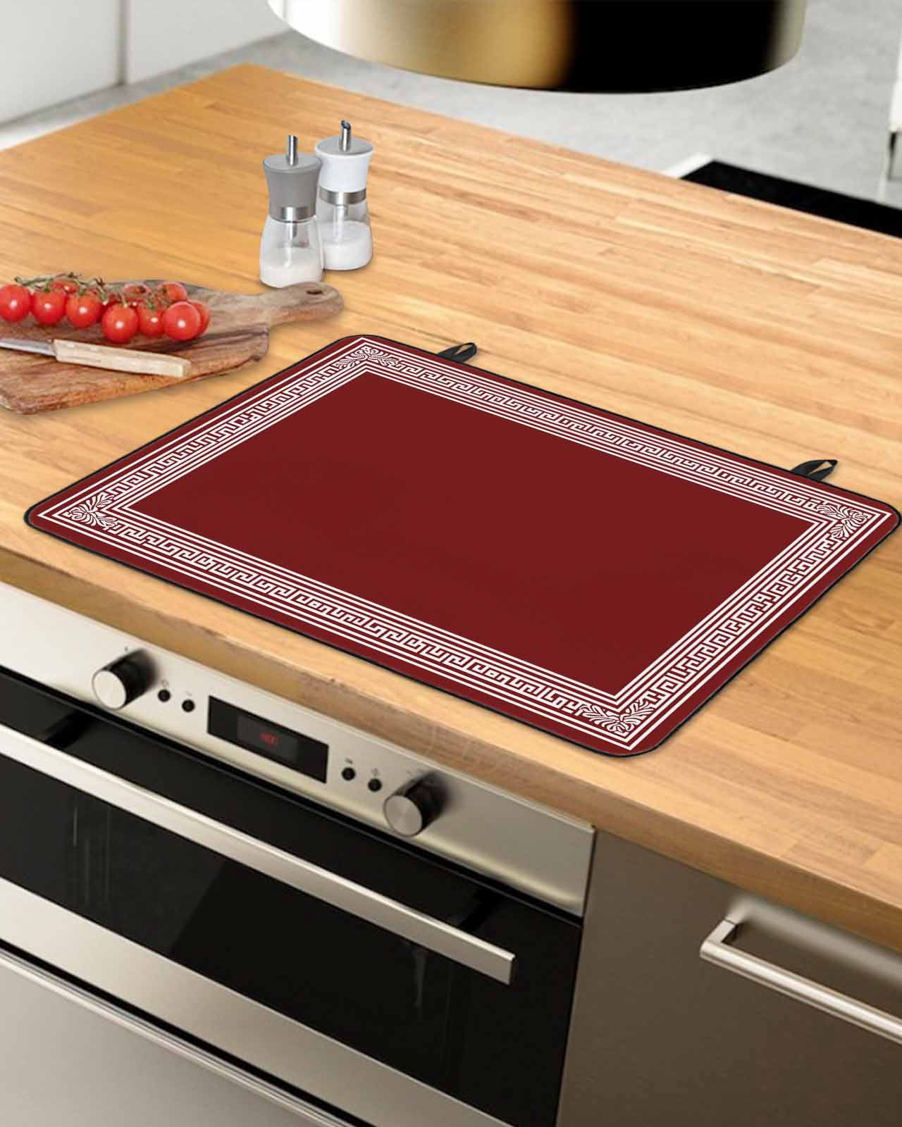 nqOlkjepod Large Induction Cooktop Protector Mat 24"x21", Red Geometric Stove Top Covers for Electric Stove, Country Farm Traditional Chinese Tile Stove Burner Cover Mats, Glass Top Stove Cover