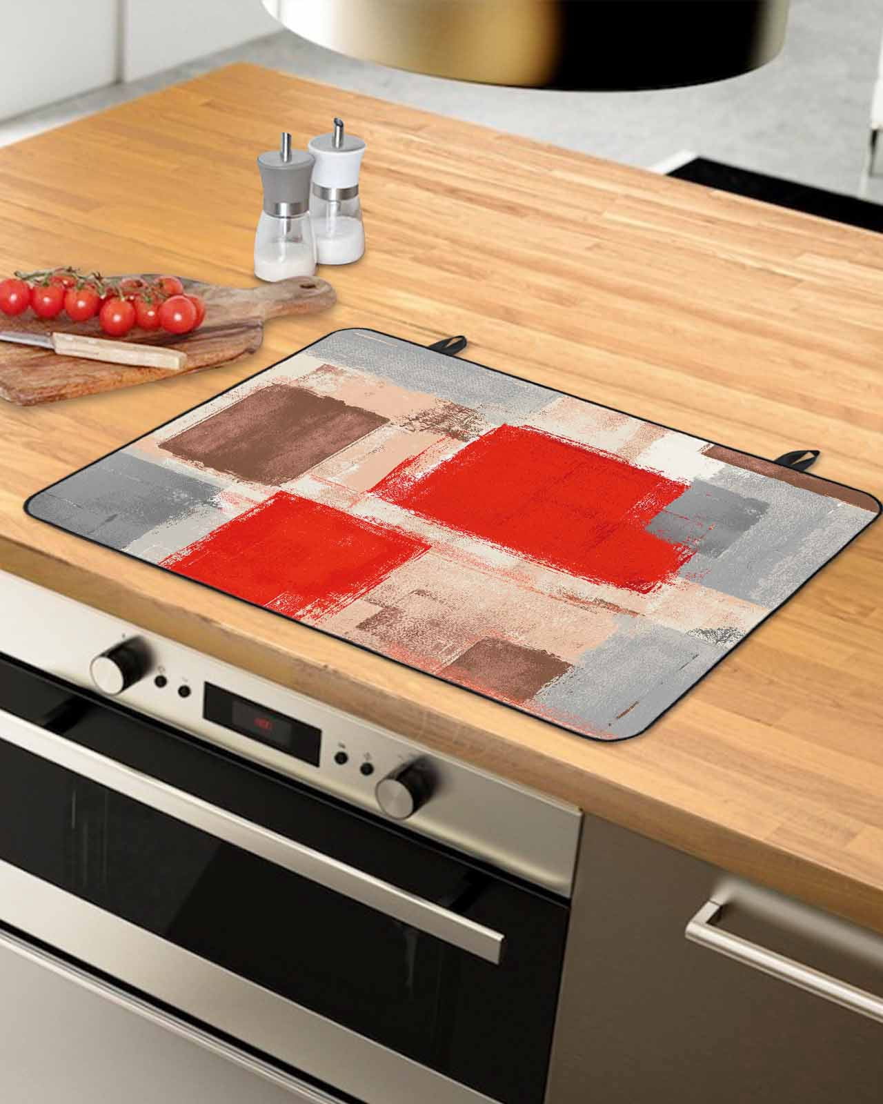nqOlkjepod Large Induction Cooktop Protector Mat 24"x21", Red Ombre Stove Top Covers for Electric Stove, Farmhouse Contemporary Abstract Checked Stove Burner Cover Mats, Glass Top Stove Cover