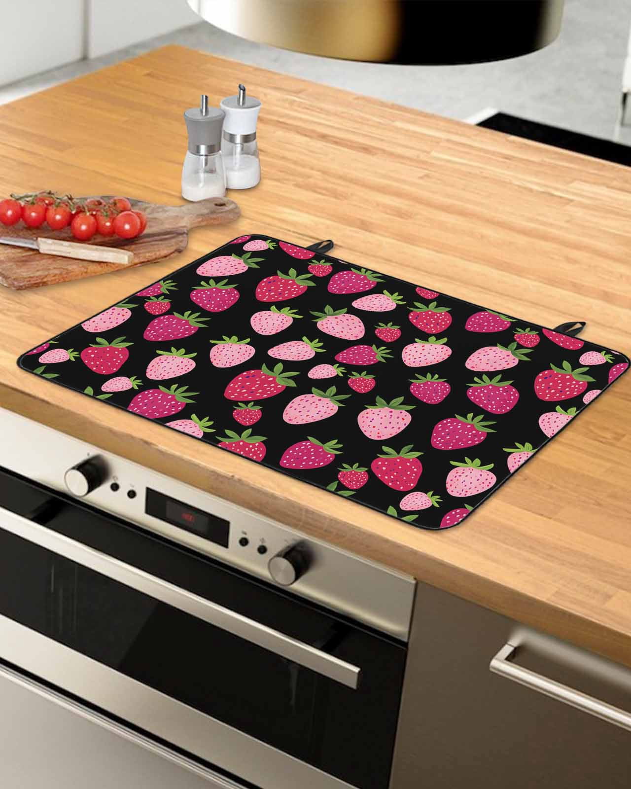 nqOlkjepod Large Induction Cooktop Protector Mat 24"x21", Red Pink Strawberry Stove Top Covers for Electric Stove, Black Lovely Summer Spring Fruit Stove Burner Cover Mats, Glass Top Stove Cover
