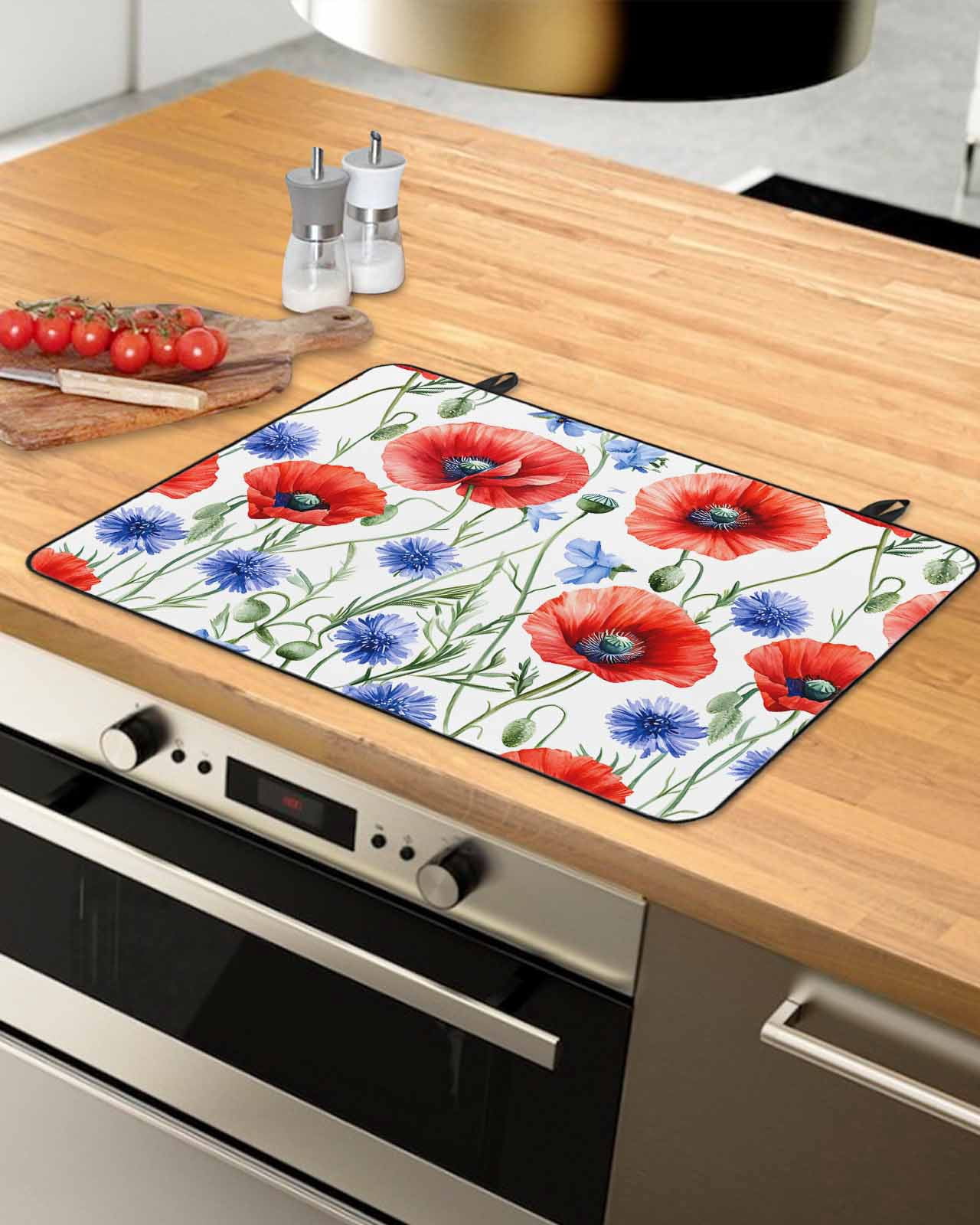 nqOlkjepod Large Induction Cooktop Protector Mat 24"x21", Red Poppy Floral Stove Top Covers for Electric Stove, Summer Wildflowers Blue Garden Stove Burner Cover Mats, Glass Top Stove Cover