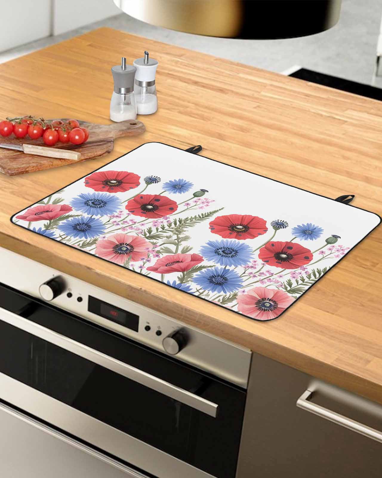 nqOlkjepod Large Induction Cooktop Protector Mat 24"x21", Red Poppy Flower Stove Top Covers for Electric Stove, Blue Pink Floral Botanical Plant Leaf Stove Burner Cover Mats, Glass Top Stove Cover