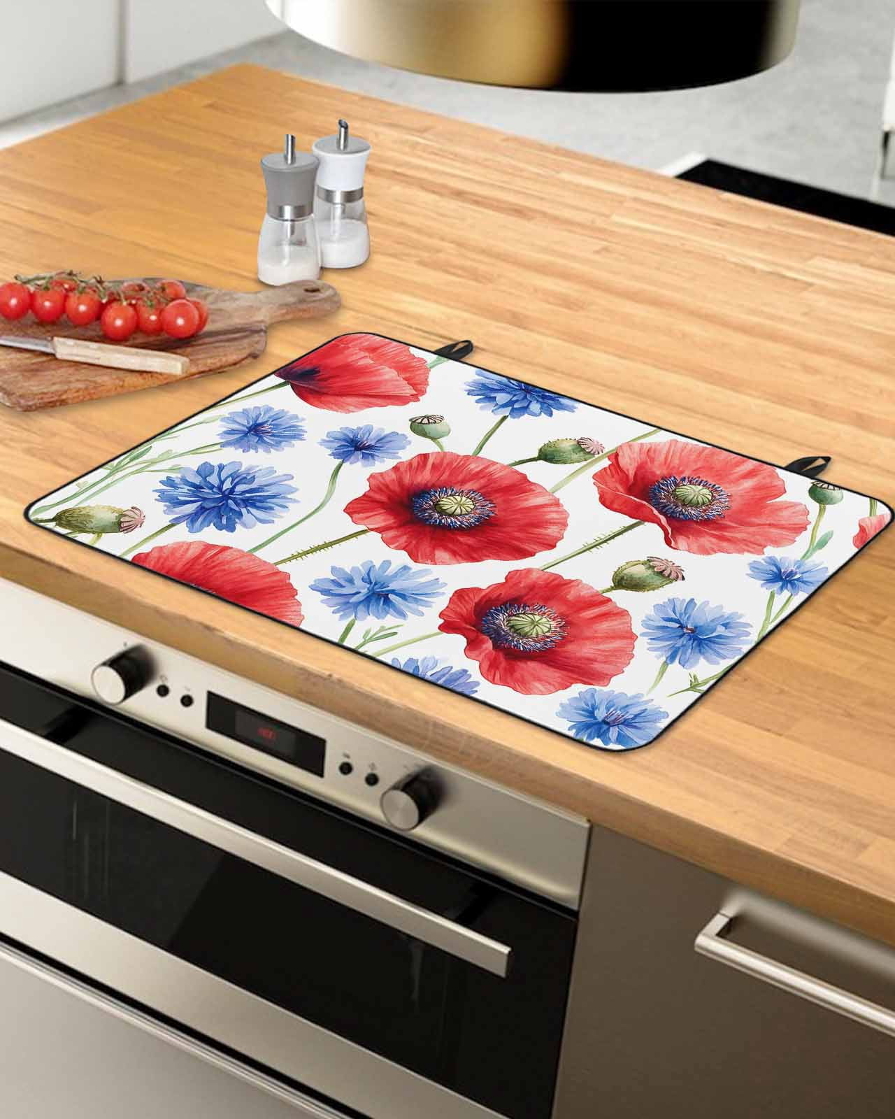 nqOlkjepod Large Induction Cooktop Protector Mat 24"x21", Red Poppy Flower Stove Top Covers for Electric Stove, Blue Watercolor Budding Floral Summer Stove Burner Cover Mats, Glass Top Stove Cover