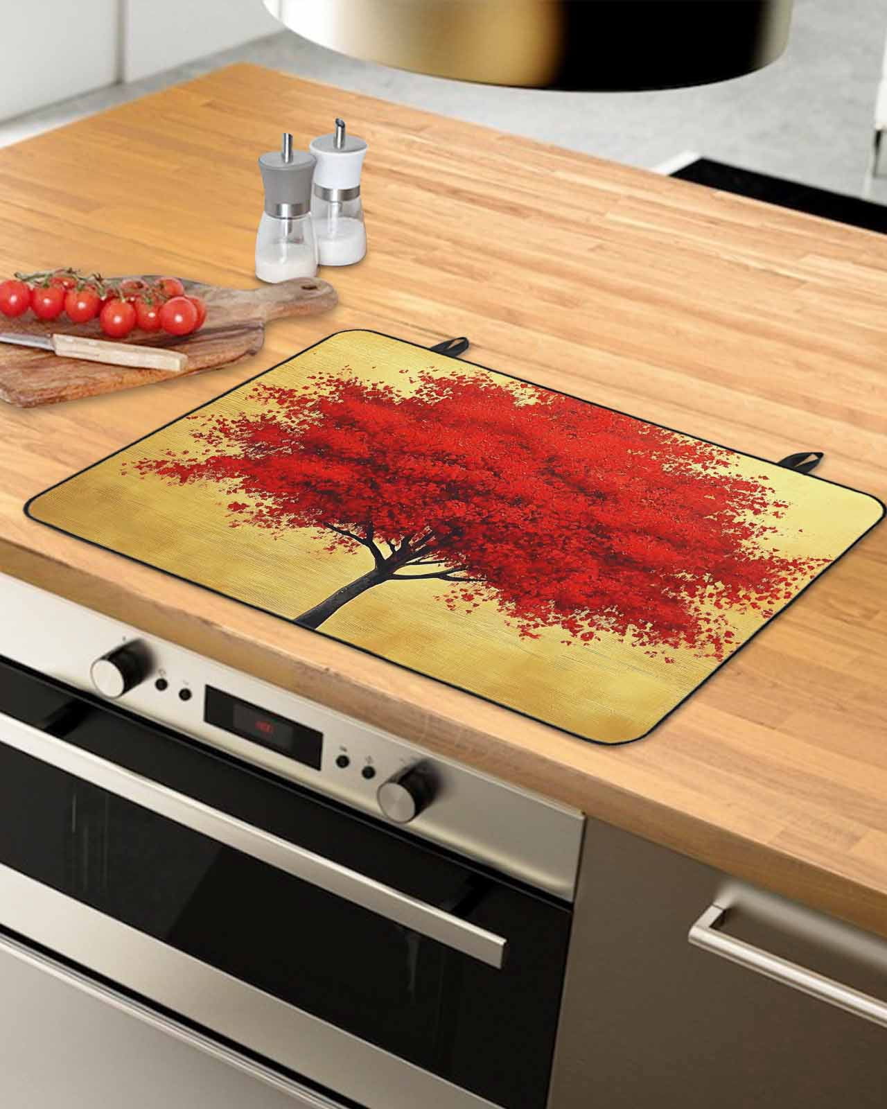 nqOlkjepod Large Induction Cooktop Protector Mat 24"x21", Red Tree Stove Top Covers for Electric Stove, Autumn Leaves Retro Watercolor Botanical Stove Burner Cover Mats, Glass Top Stove Cover