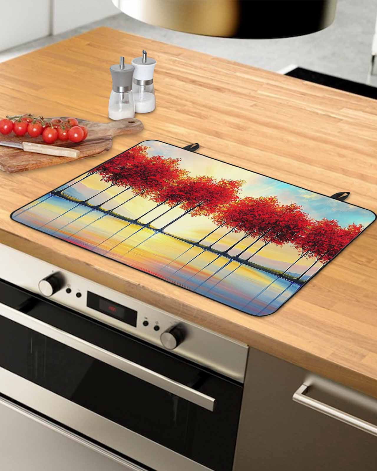 nqOlkjepod Large Induction Cooktop Protector Mat 24"x21", Red Trees Stove Top Covers for Electric Stove, Orange Blue Sunrise Reflection Retro Art Stove Burner Cover Mats, Glass Top Stove Cover